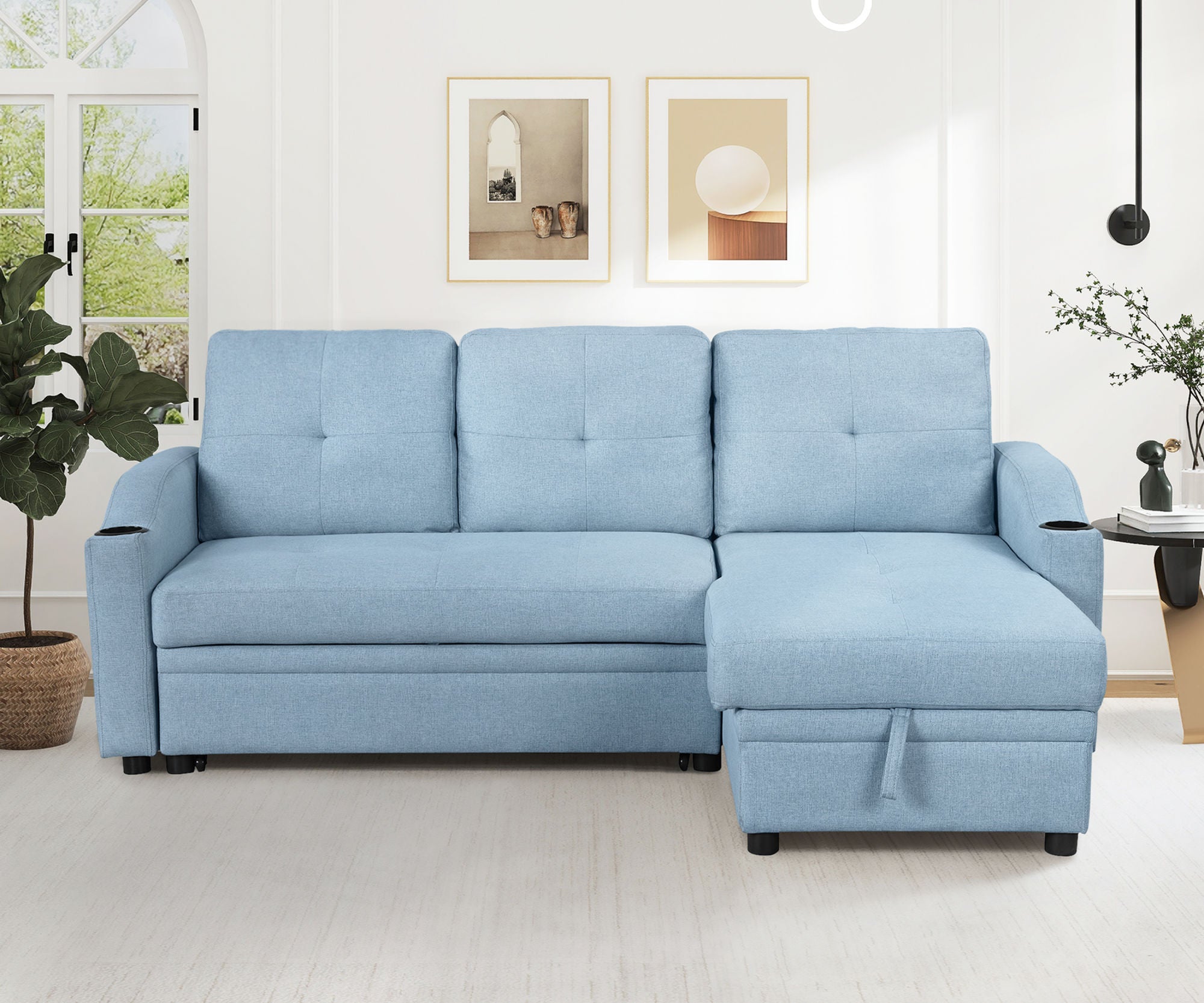 Pull Out Sofa Bed Modern Padded Upholstered Sofa Bed ; Linen Fabric 3 Seater Couch with Storage Chaise and Cup Holder ; Small Couch for Small SpacesÂ