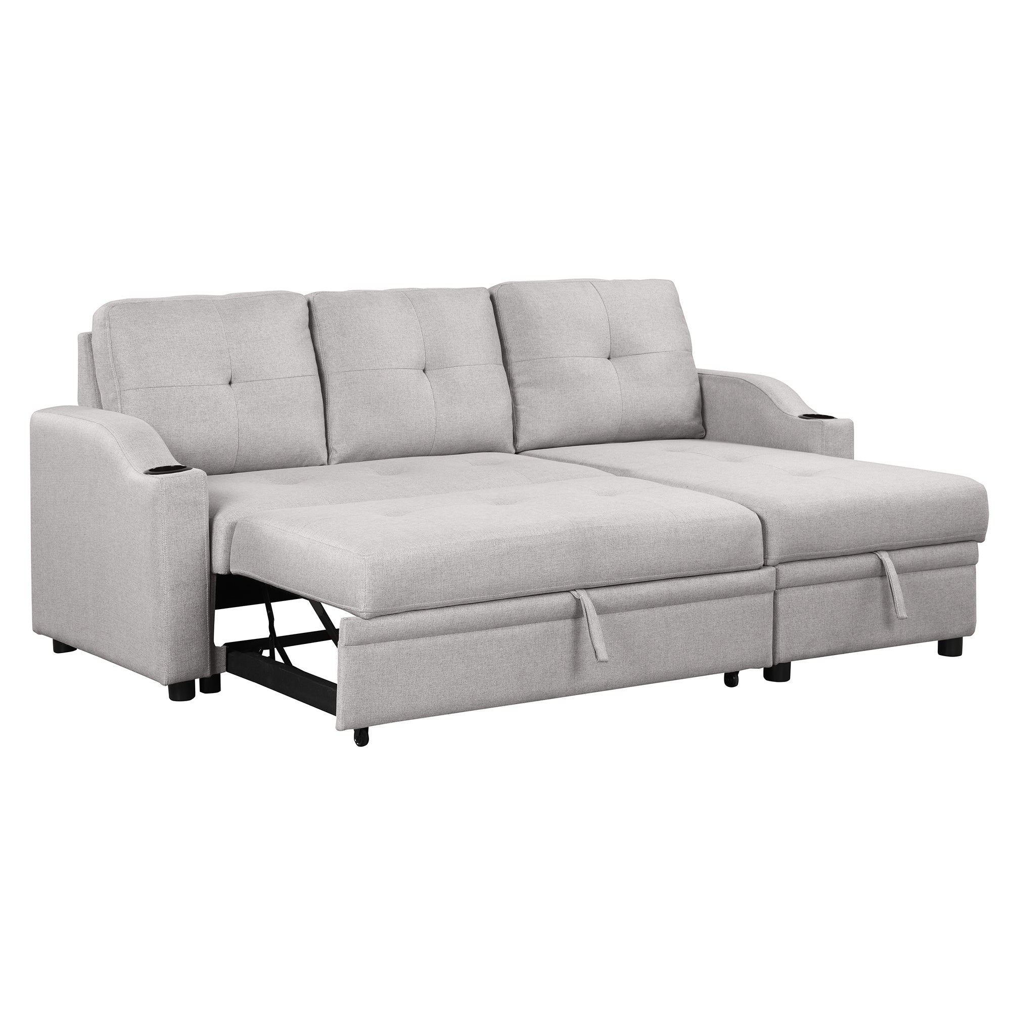 Pull Out Sofa Bed Modern Padded Upholstered Sofa Bed ; Linen Fabric 3 Seater Couch with Storage Chaise and Cup Holder ; Small Couch for Small SpacesÂ