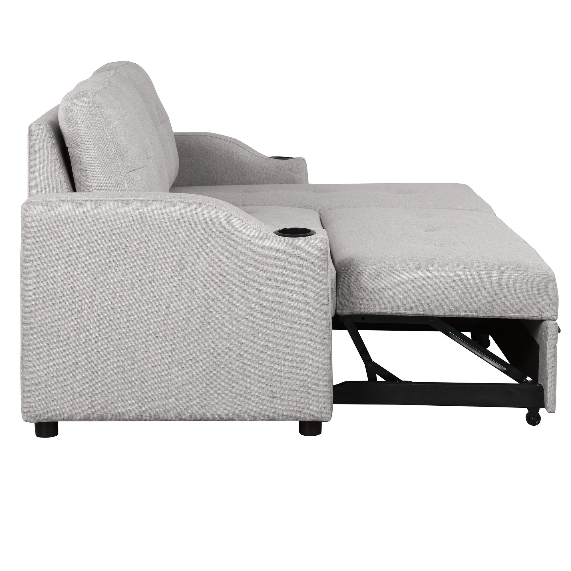 Pull Out Sofa Bed Modern Padded Upholstered Sofa Bed ; Linen Fabric 3 Seater Couch with Storage Chaise and Cup Holder ; Small Couch for Small SpacesÂ