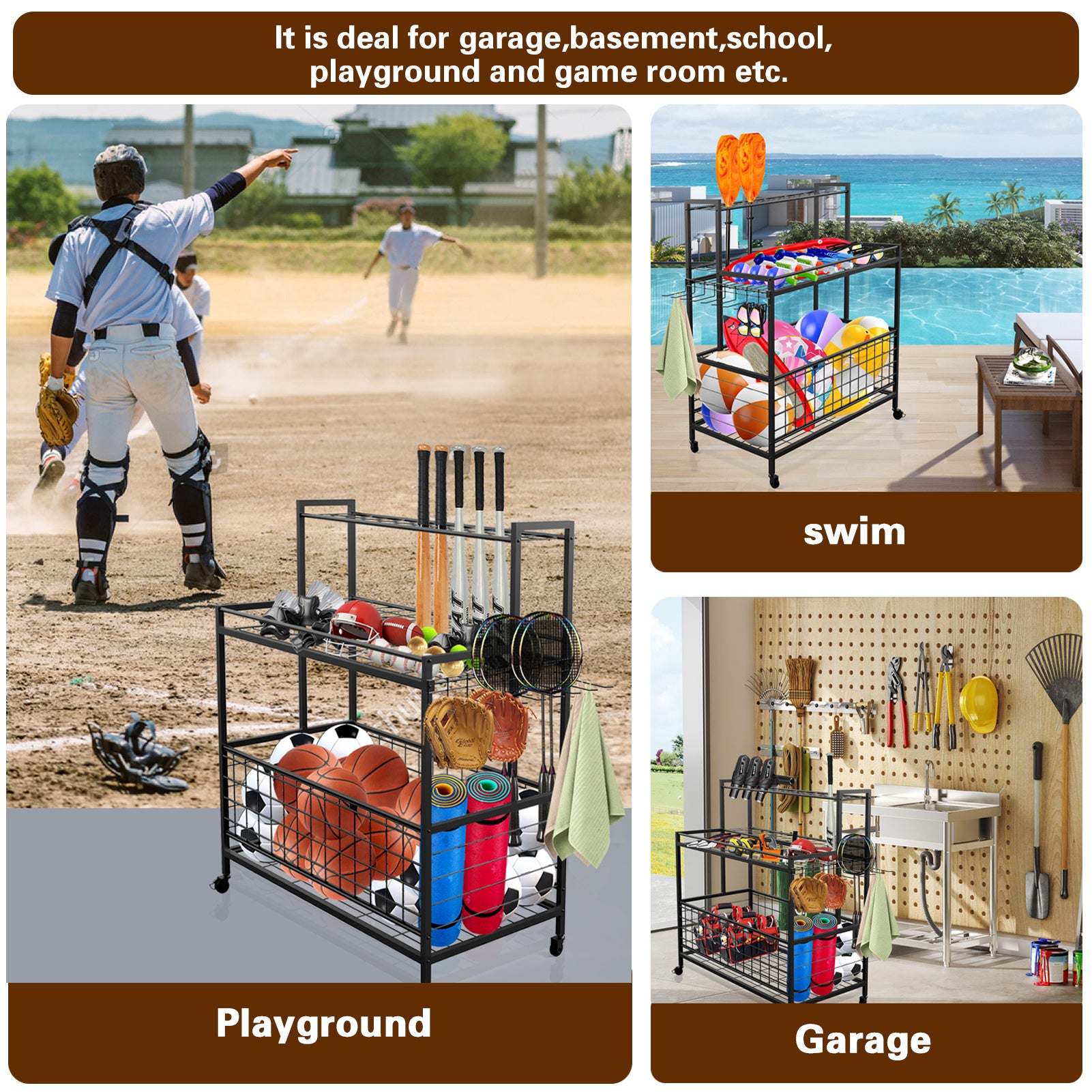 Sports Equipment Storage Box - Garage Ball Storage with Baseball Bat Holder, Accommodates 24 Bats, BlackÂ