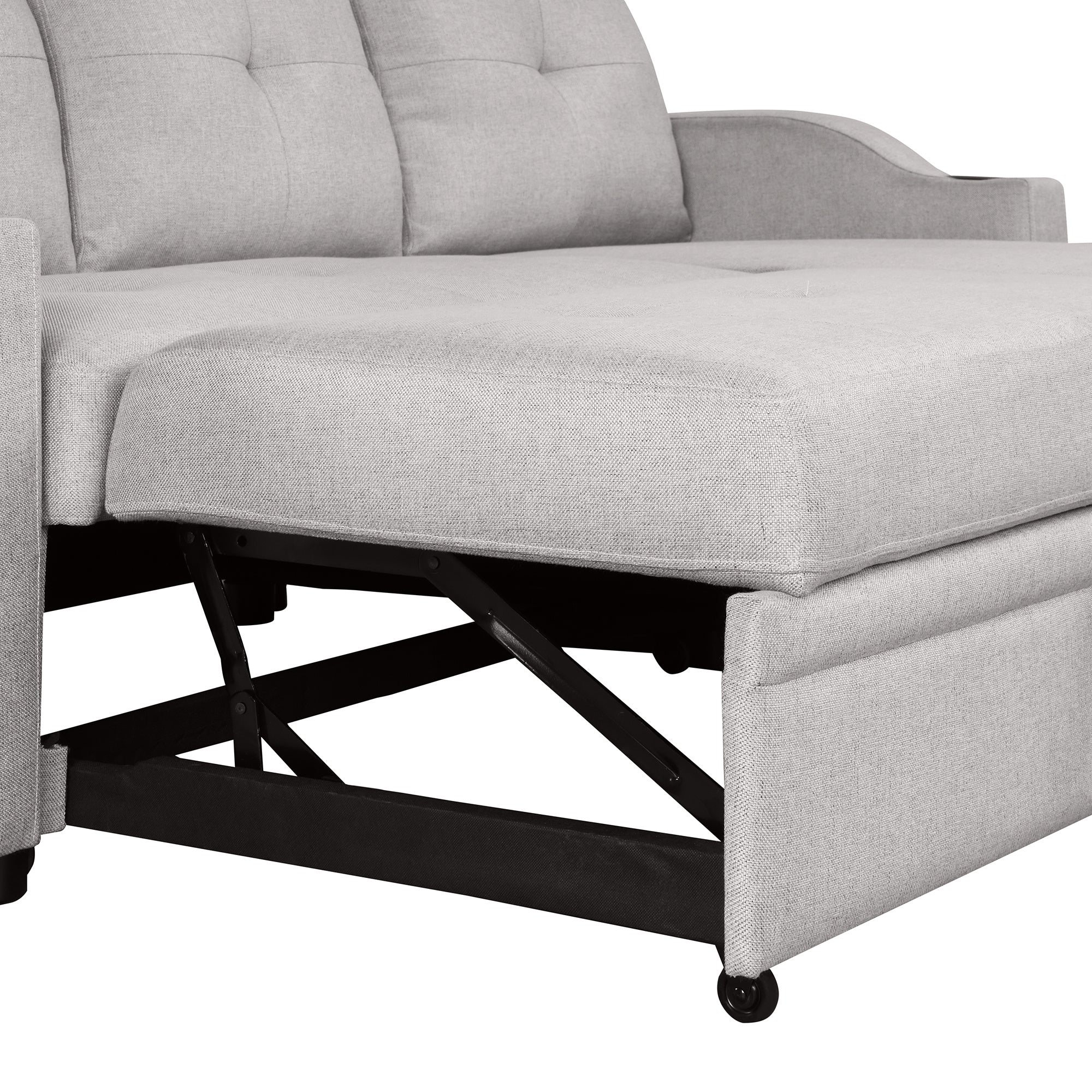 Pull Out Sofa Bed Modern Padded Upholstered Sofa Bed ; Linen Fabric 3 Seater Couch with Storage Chaise and Cup Holder ; Small Couch for Small SpacesÂ
