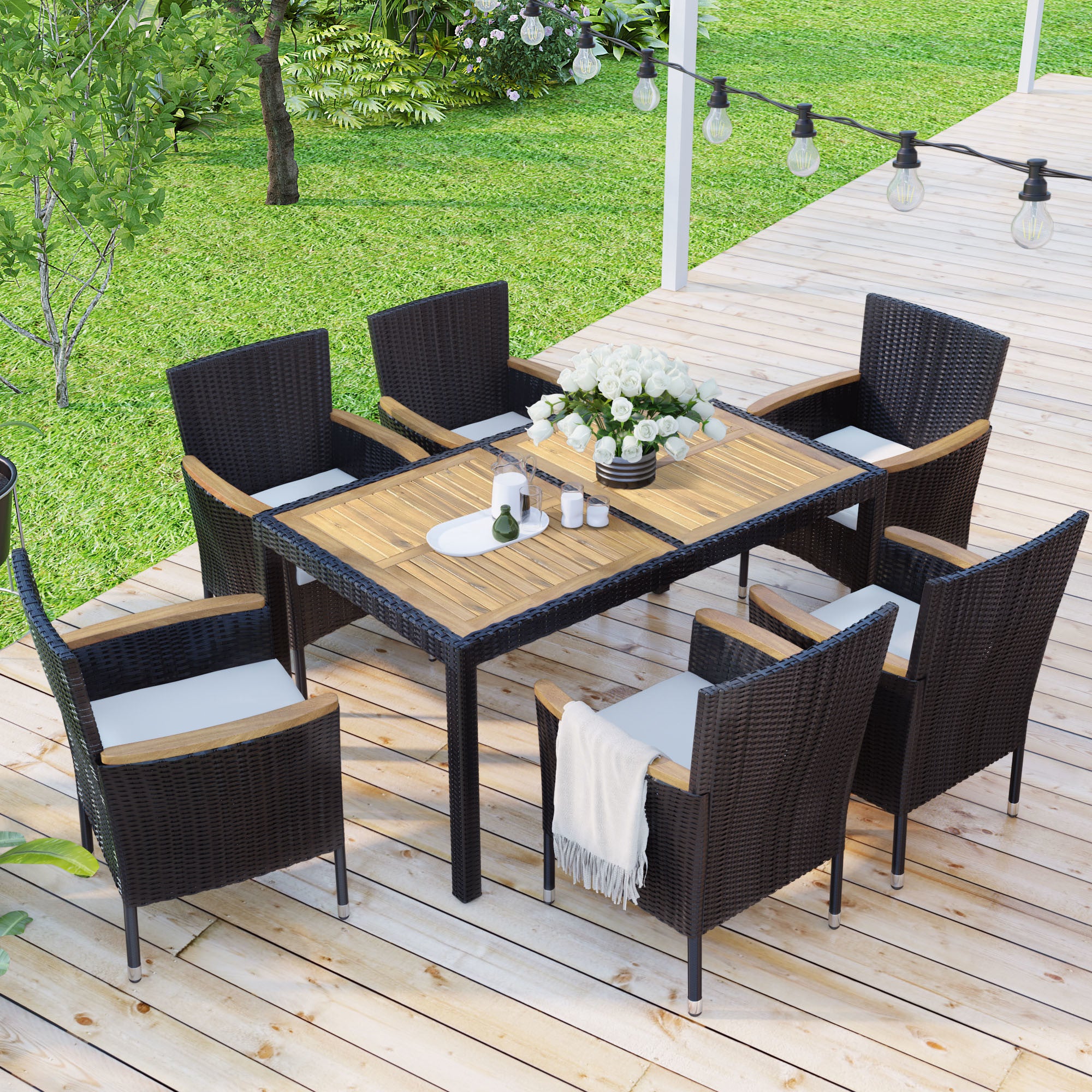 7-Piece Outdoor Patio Dining Set – Garden PE Rattan Wicker, Acacia Wood Tabletop, Stackable Armrest Chairs with Cushions, BrownÂ