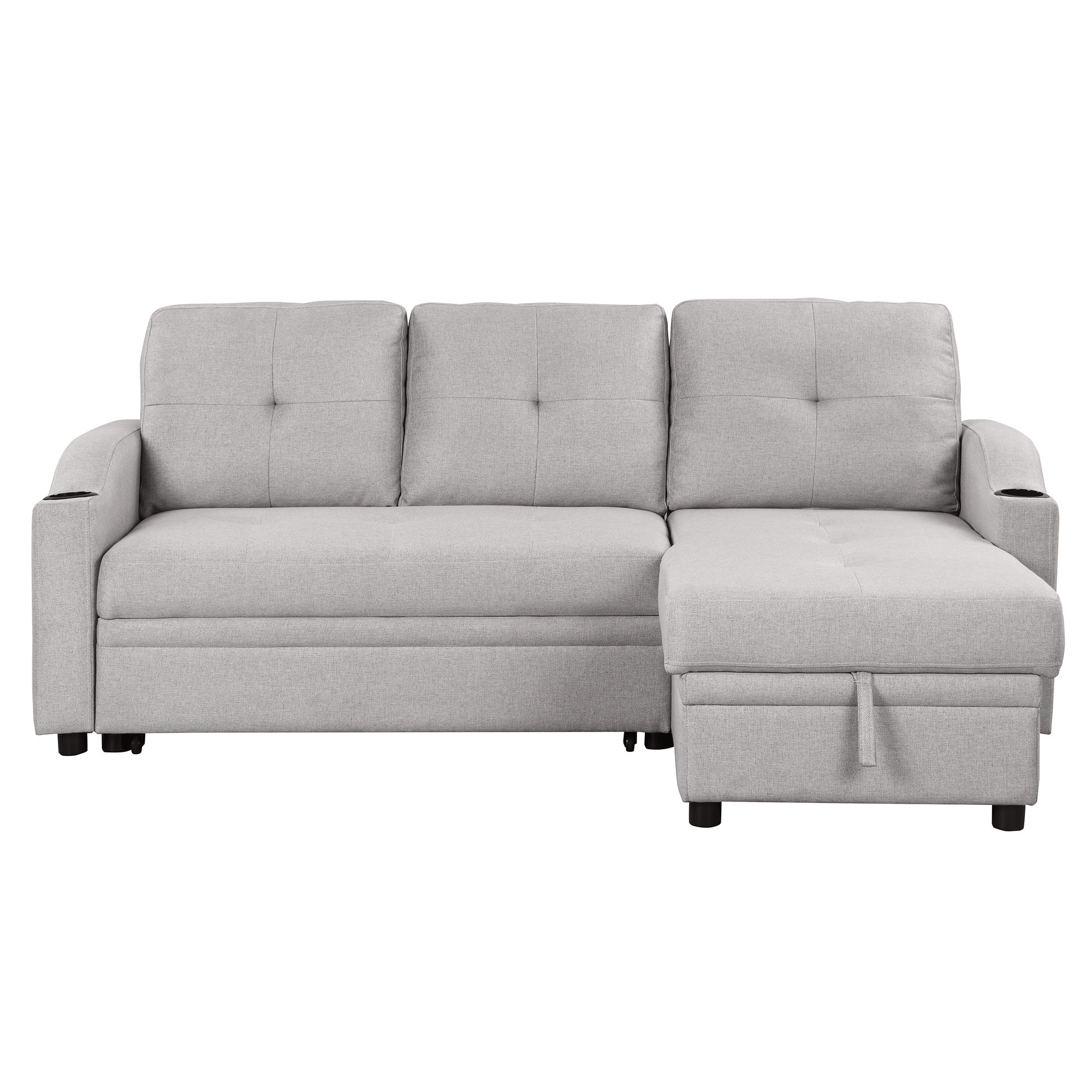 Pull Out Sofa Bed Modern Padded Upholstered Sofa Bed ; Linen Fabric 3 Seater Couch with Storage Chaise and Cup Holder ; Small Couch for Small SpacesÂ