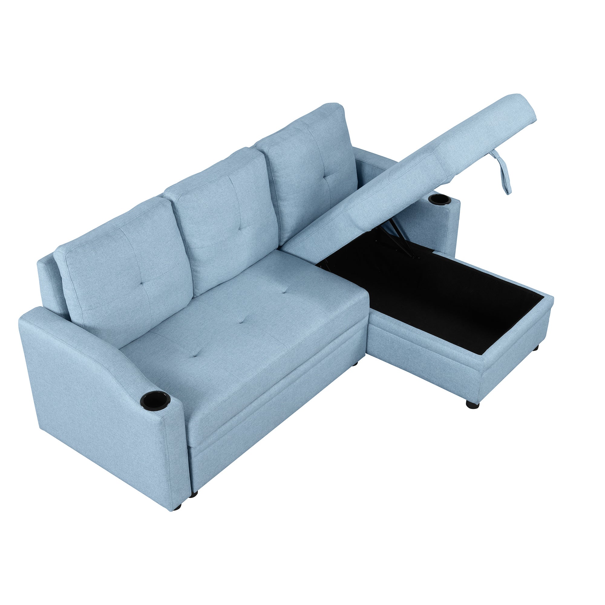 Pull Out Sofa Bed Modern Padded Upholstered Sofa Bed ; Linen Fabric 3 Seater Couch with Storage Chaise and Cup Holder ; Small Couch for Small SpacesÂ