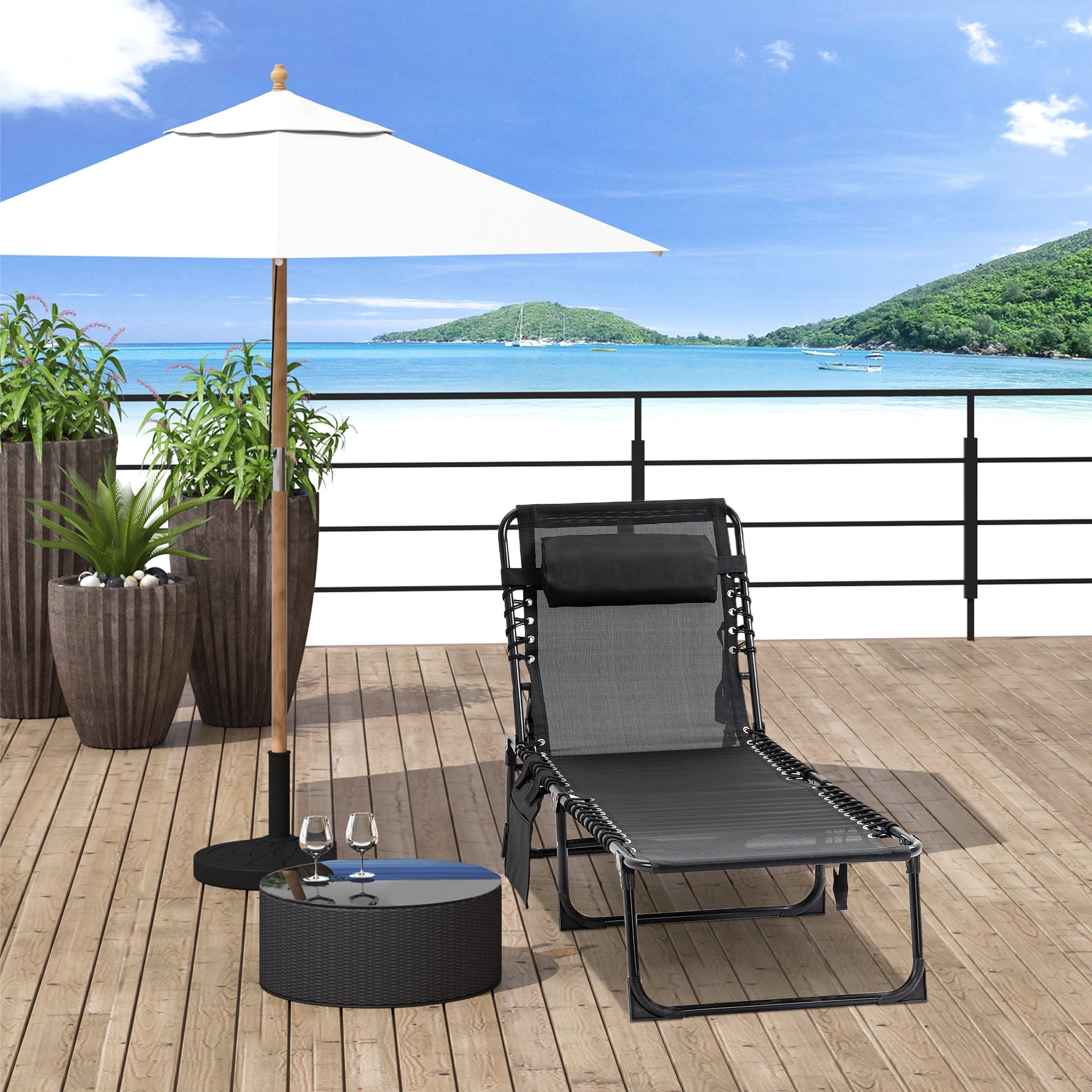 Outsunny Adjustable Outdoor Folding Lounge Chair Recliner with Pillow Black