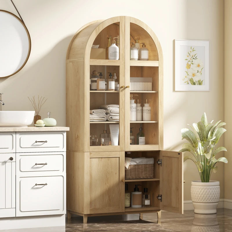 Arched Kitchen Pantry Cabinet, 71" Tall Farmhouse Kitchen Storage Cabinet with Acrylic Glass Doors, Oak