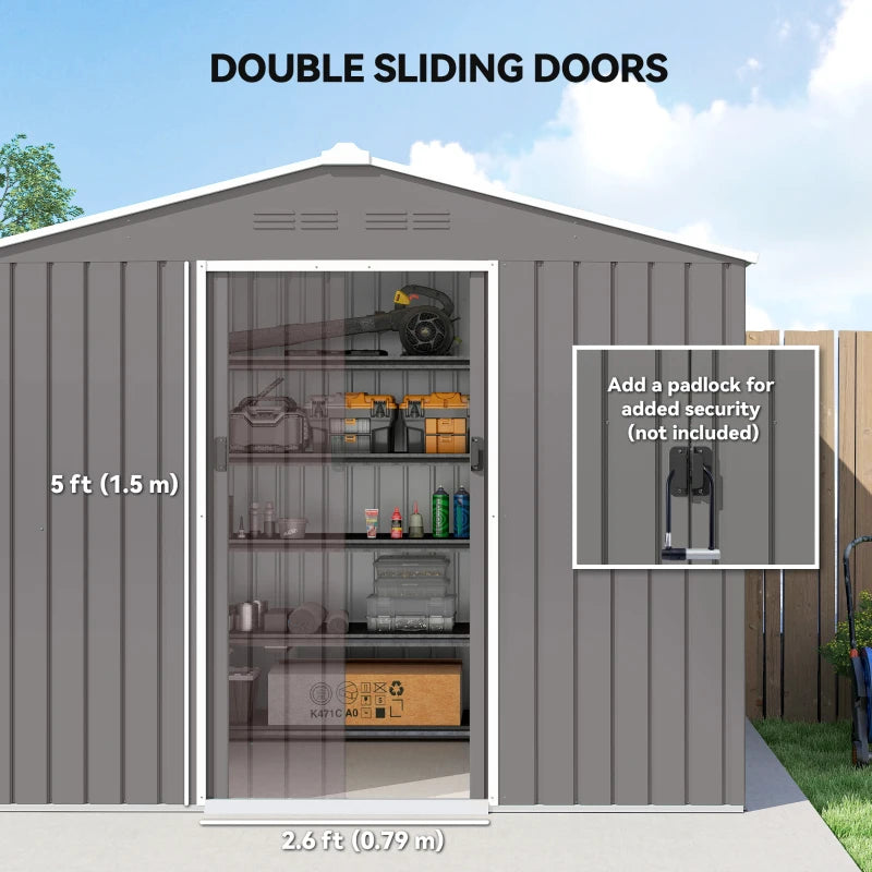 8' x 6' Outdoor Storage Shed, Metal Garden Tool Storage House with Lockable Sliding Doors and Vents, Light Grey