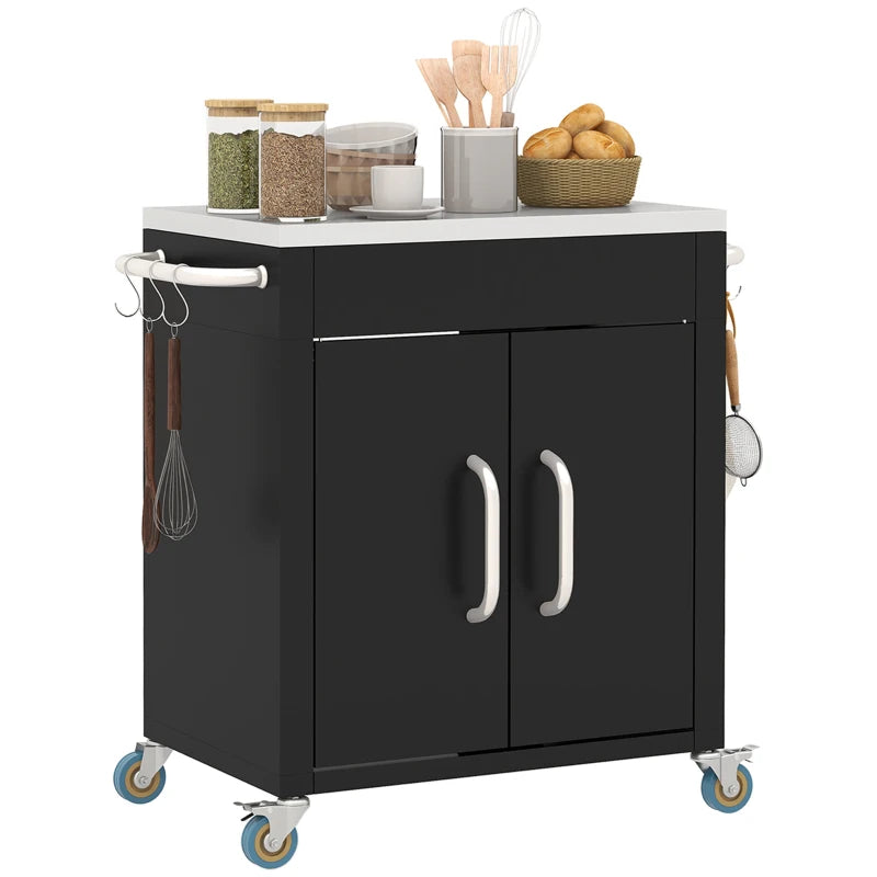 Outdoor Grill Cart with Stainless Steel Top, Pizza Oven Table with Wheels Hooks Cabinet Handles, Black
