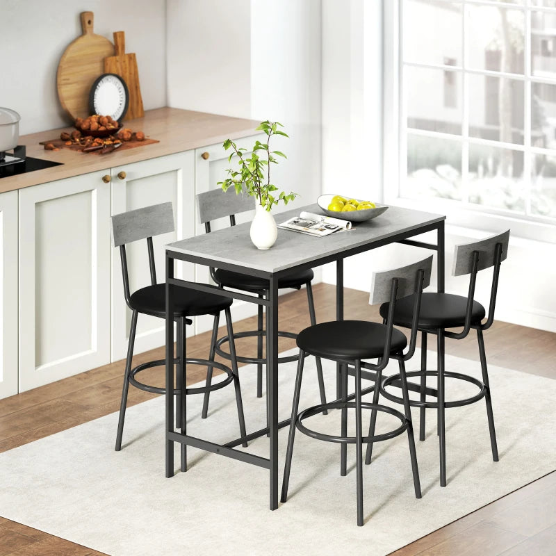 5-Piece Bar Table Set, Industrial Bar Table and Stools for 4 with Footrest and Steel Frame for Kitchen, Cement Grey