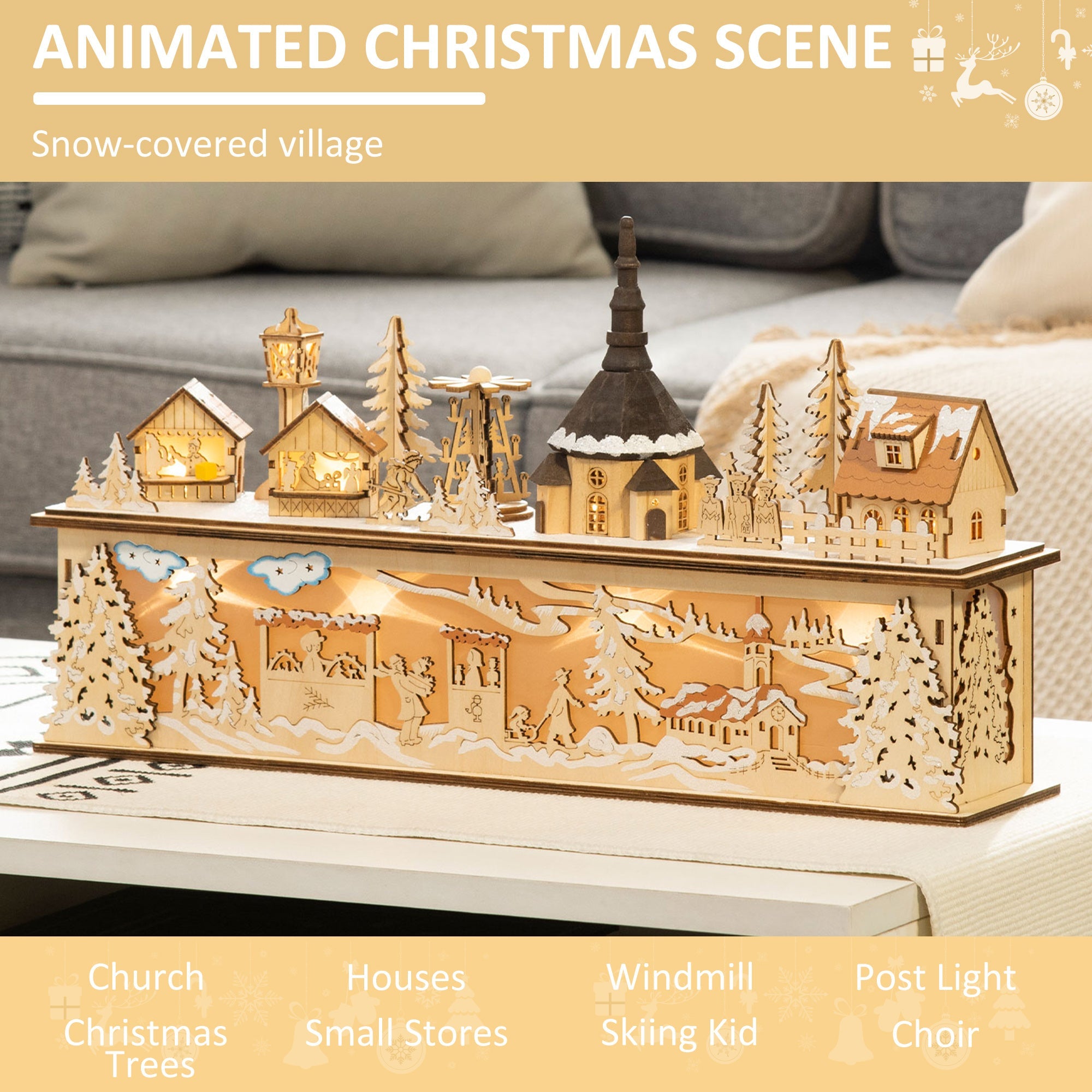 HOMCOM Desktop Christmas Decoration, Christmas Village Houses with Church, Windmill Battery Operated, Natural Wood