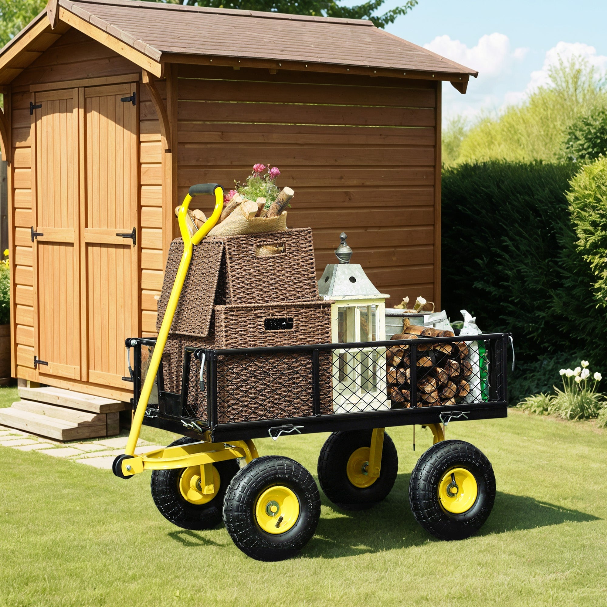 Outsunny Steel Garden Cart, Utility Wagon with Removable Sides, 10" Wheels, 180° Rotating Handle, 440lbs Capatity