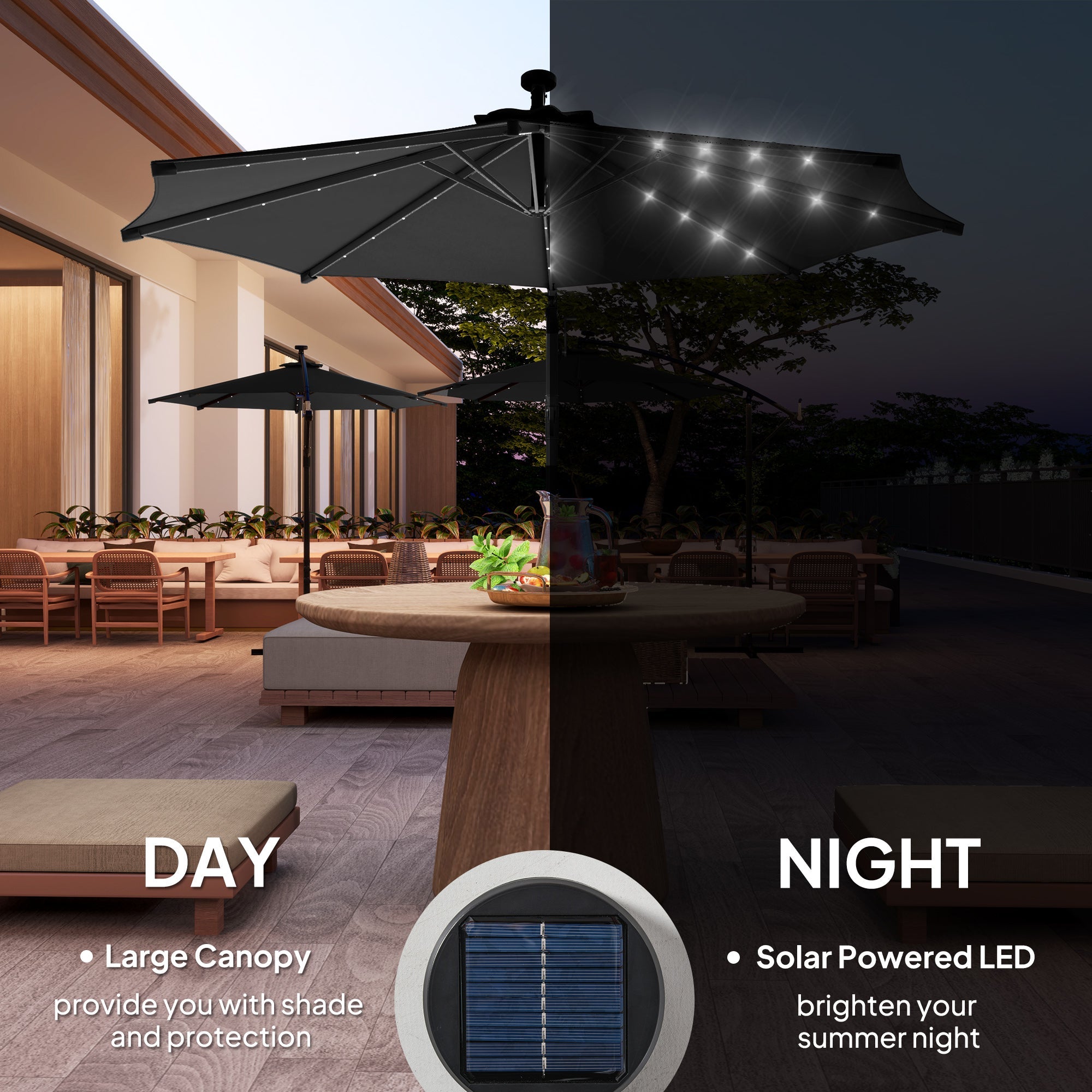 Outsunny 10ft Outdoor Cantilever Umbrella Banana Umbrella with Solar Lights and Adjustable Angle for Patio Backyard Black