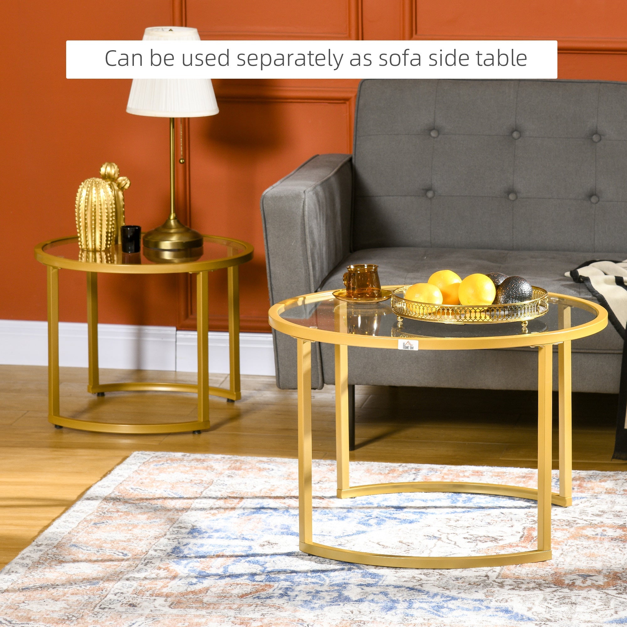 Homcom Gold Round Nesting Tables: Set of 2 with Tempered Glass Top & Steel Frame for Modern Living Room