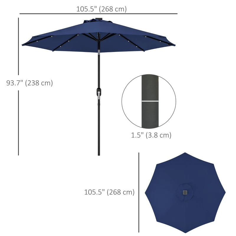 9ft Solar Patio Umbrella Outdoor Sunshade 24 LED Lights Tilt Canopy Navy Blue
