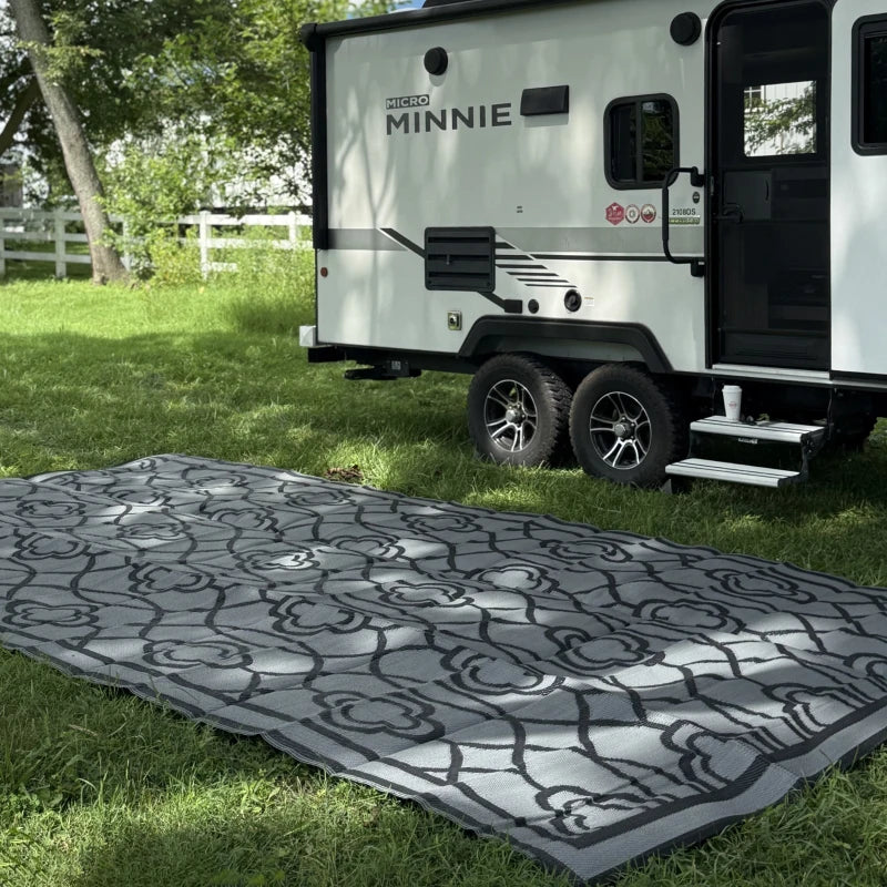 9' x 18' Outdoor RV Rug, Reversible Patio Floor Mat with Carry Bag, Lantern, Black and Grey