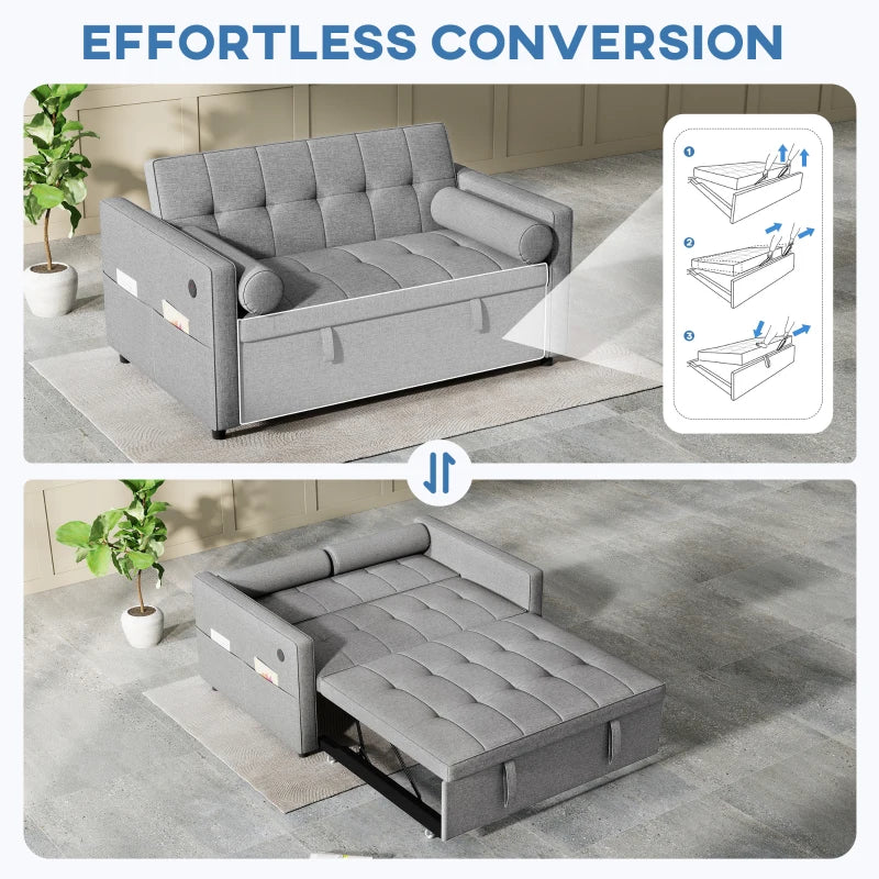 Pull Out Sofa Bed, Sleeper Sofa Couch with USB Ports, Small Linen Loveseat Futon Couch for Living Room, Grey