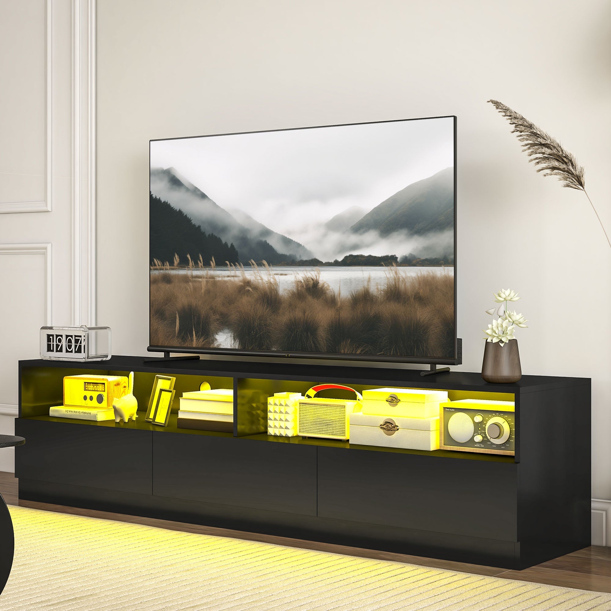 HOMCOM LED Lighted TV Stand for TVs up to 75", Modern TV Cabinet with Storage Drawers for Living Room, High Gloss Black