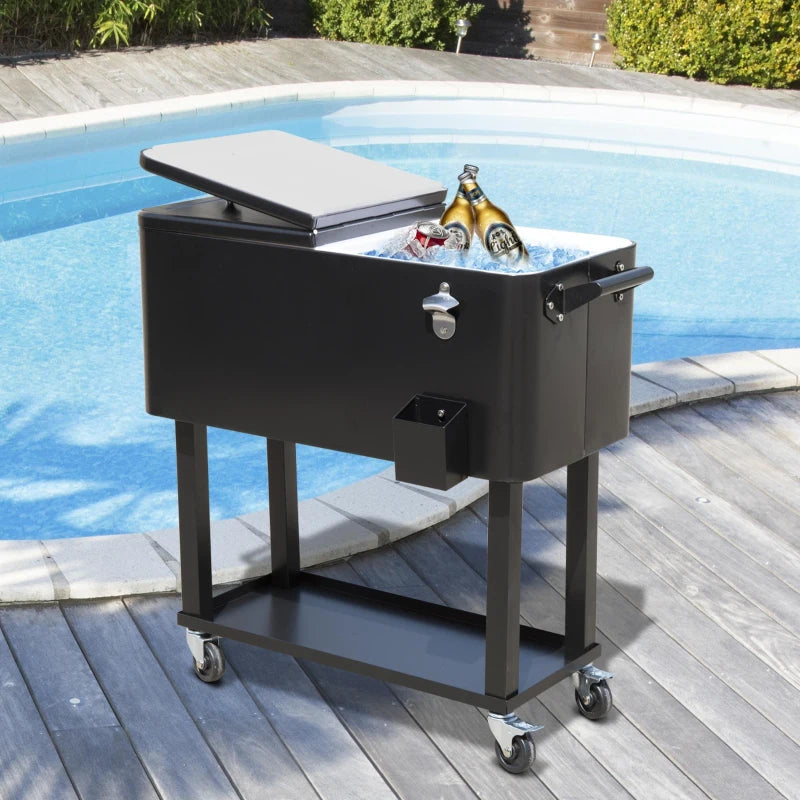 80 Quart Rolling Cooler Cart Portable Patio Ice Beer Beverage Cooling Bin for Outdoor Party w/ Bottle Opener & Storage Shelf Black