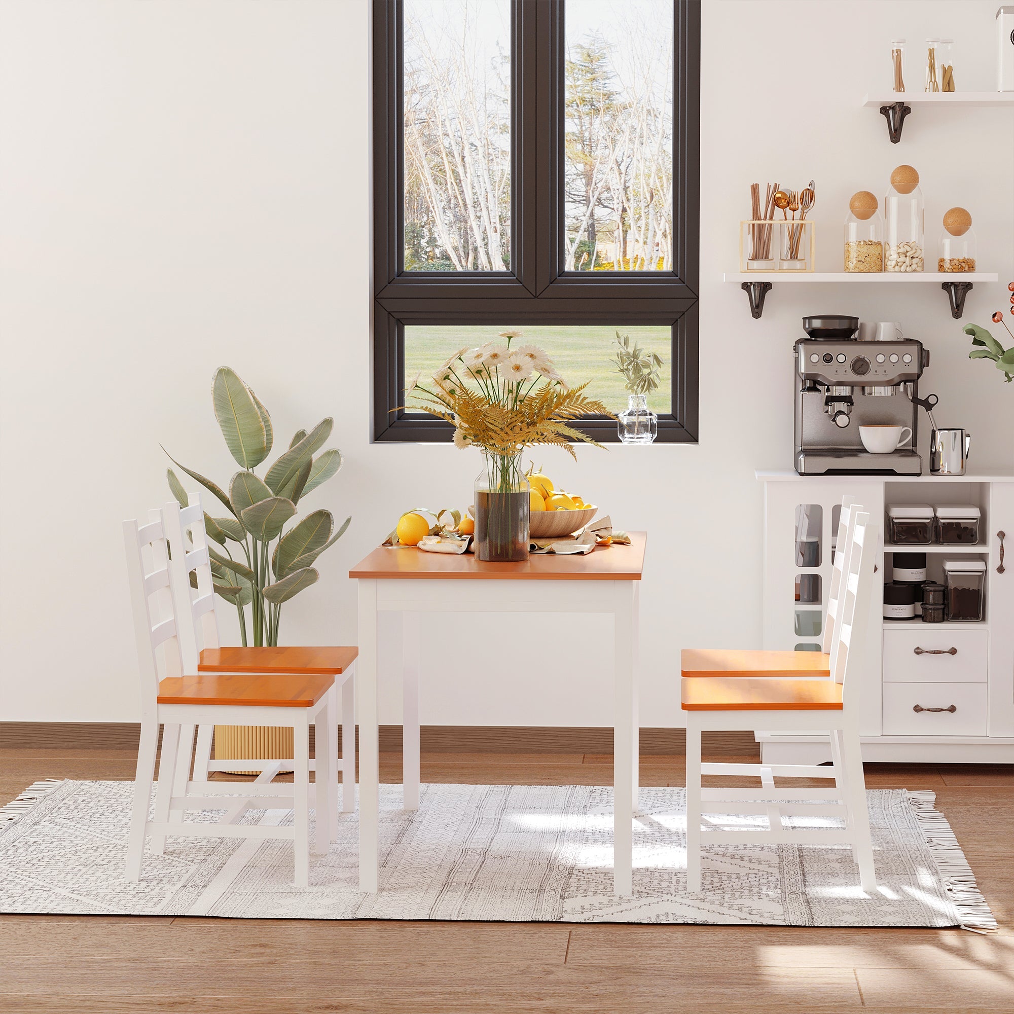 HOMCOM Dining Table Set for 4, 5 Piece Pine Wood Kitchen Table with High Back Chairs, White and Natural Wood