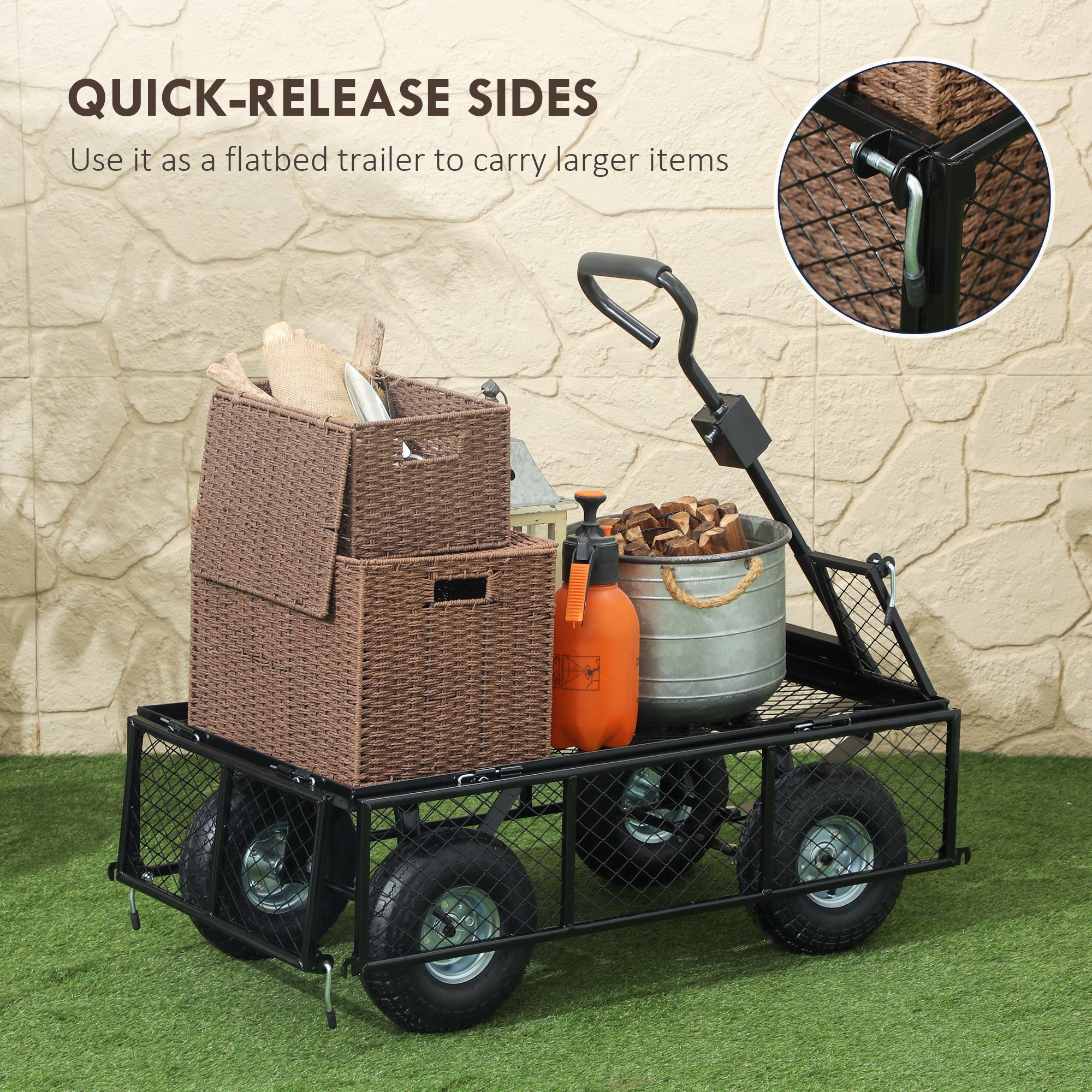 Outsunny Steel Garden Cart, Utility Wagon Cart with Removable Liner, Quick-Release Sides, 10" Wheels, 660lbs Capacity