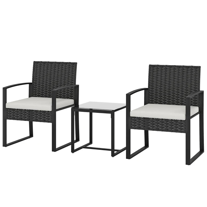 Outdoor Bistro Set, 3 Piece Wicker Patio Furniture Set with Glass Top Table and Cushions for Porch, Balcony, Cream White