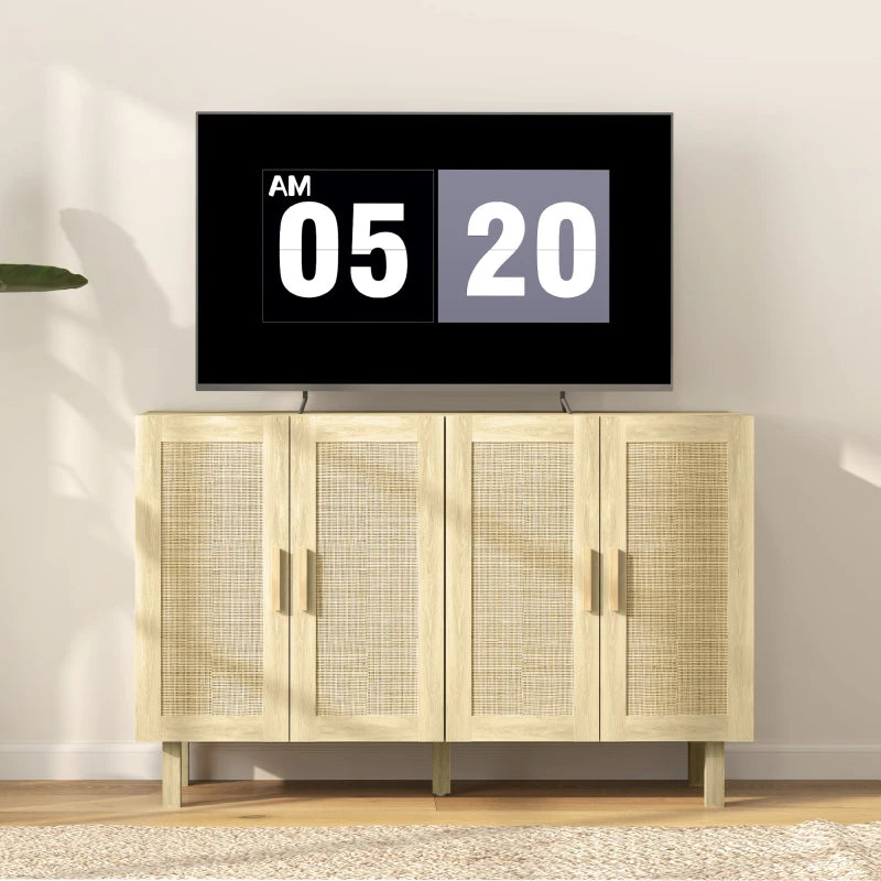 Boho Sideboard Buffet Cabinet, Storage Cabinet with 4 Rattan Doors and Adjustable Shelves, Natural