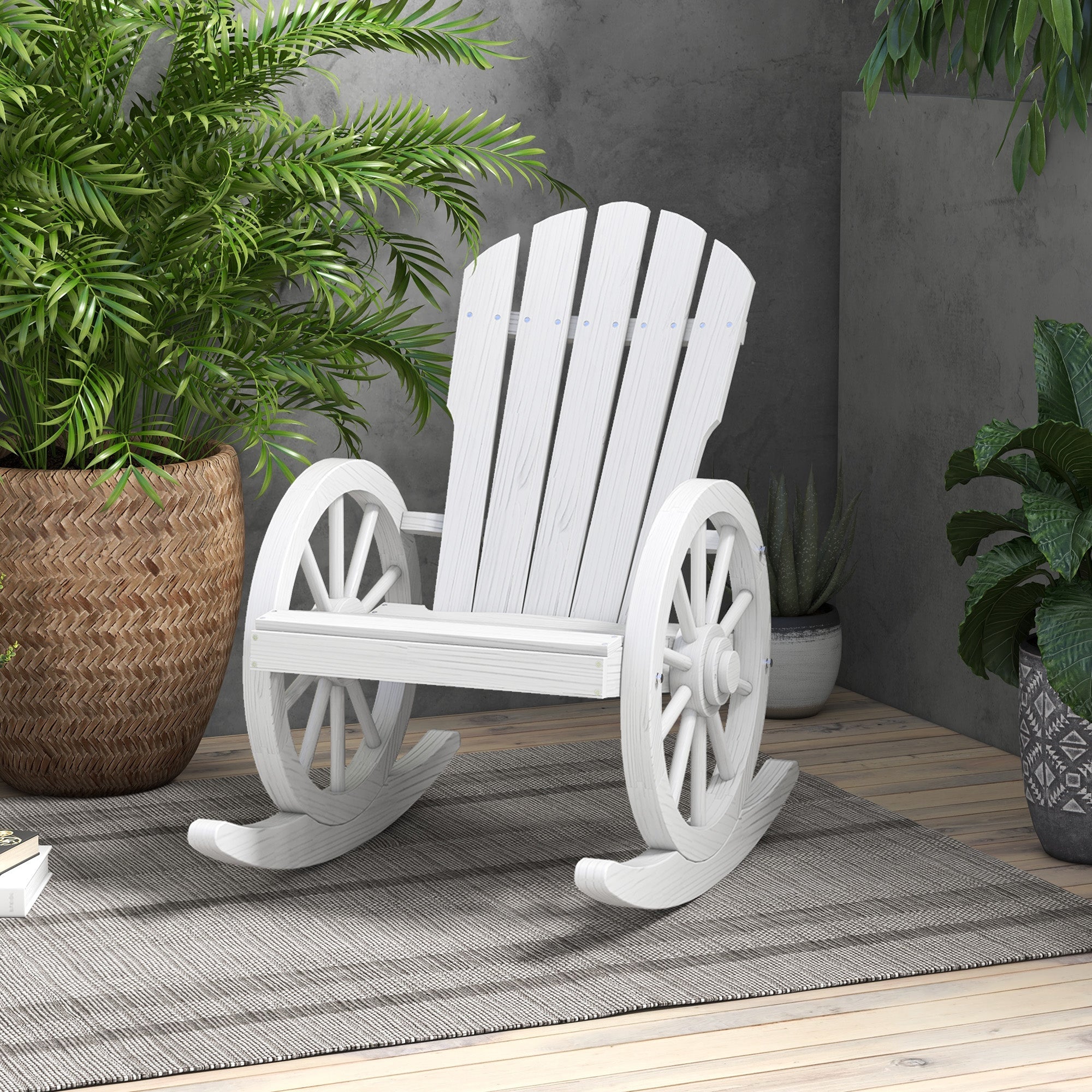 Outsunny Patio Wooden Rocking Chair, Wagon Outdoor Rocker Chair with Slatted Design and Wheel Armrests for Garden, White