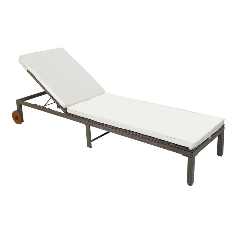 Patio Rattan Sun Lounger with 4-Level Adjustable Backrest and Wheels, Wicker Chaise Lounge Chair with Cushion, for Patio, Deck, Poolside Cream White