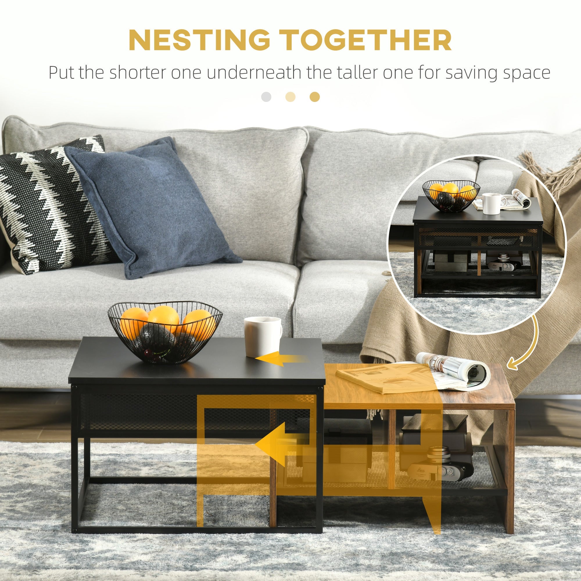HOMCOM Coffee Table Set of 2 Industrial Nesting Tables Square Coffee Table and Narrow Sofa Side Table for Living Room