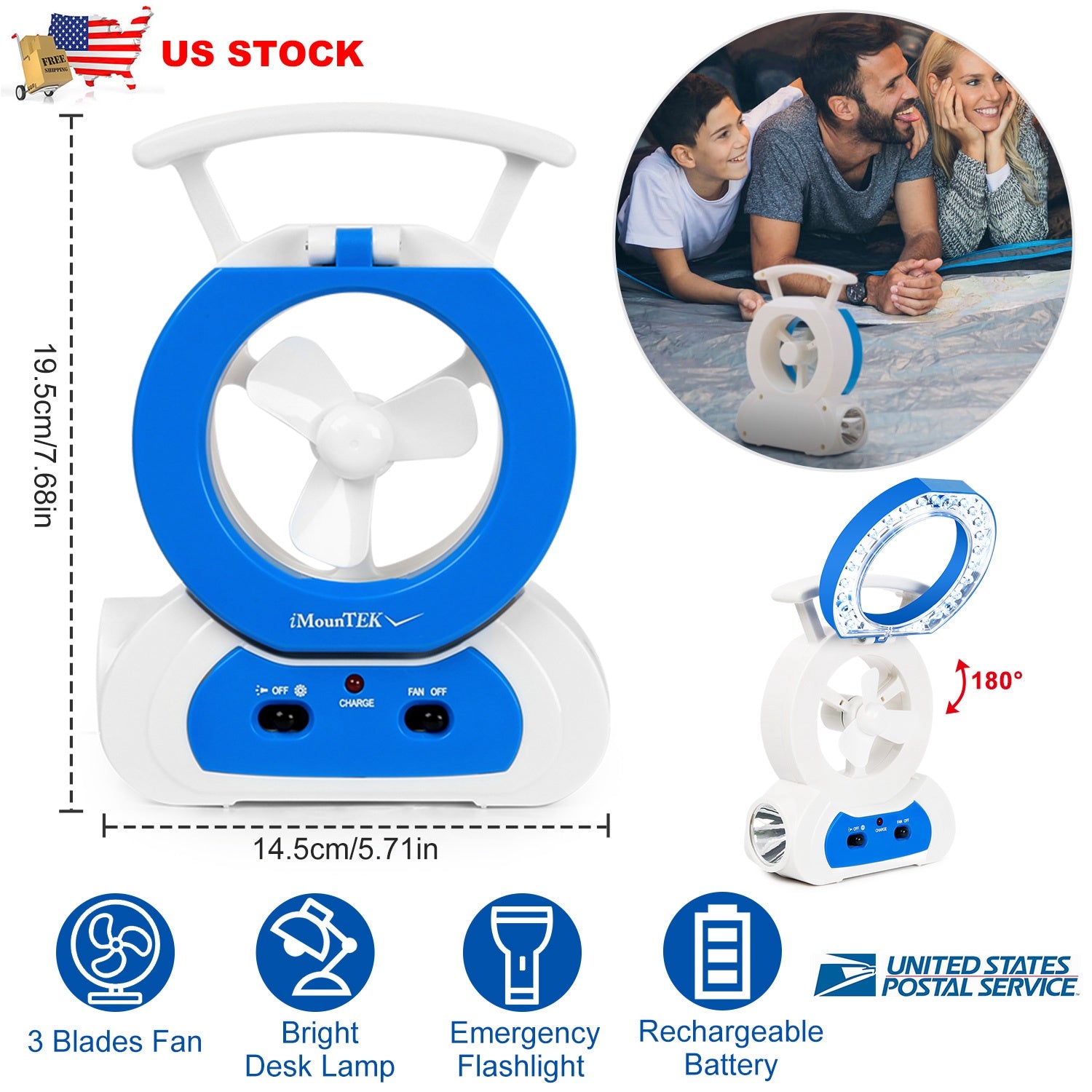 Desk Cooling Fan w/180°Adjustable LED Lamp Baby Stroller Fan Emergency Flashlight Torch for Household Camping Traveling