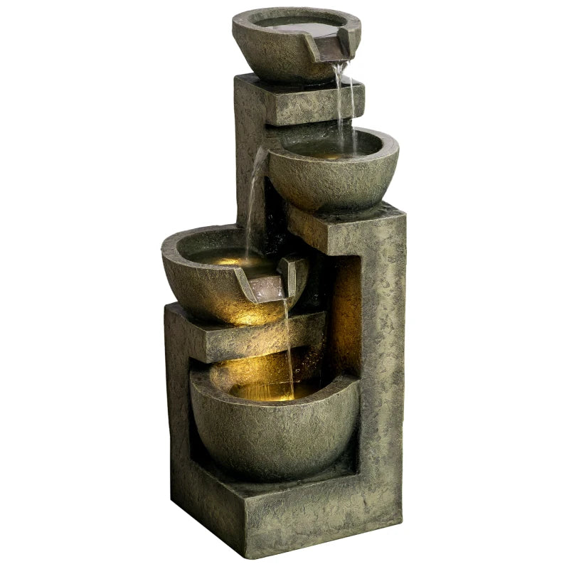 Outdoor Fountain Cascading Waterfall with 4-Tier Stone Look Bowls, Adjustable Flow & LED Lights for Patio Garden