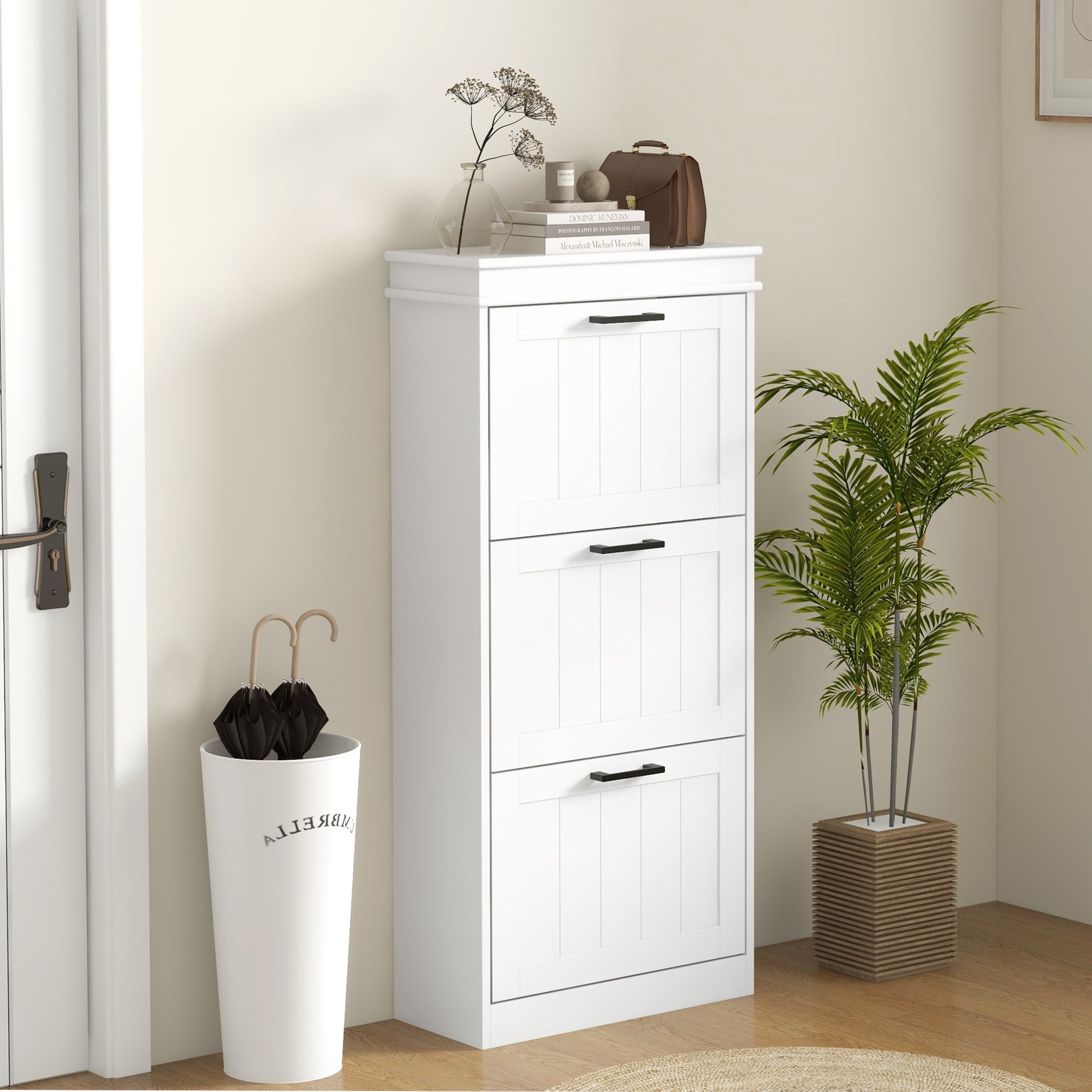 HOMCOM Narrow Shoe Cabinet: White Storage with 3 Flip Drawers & Adjustable Shelves for 15 Pairs, Sleek Look