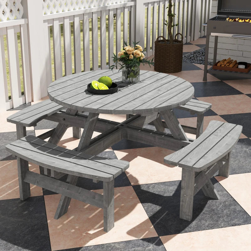 8 Seater Round Wooden Pub Bench & Picnic Table, Patio Dining Set for Outdoor Patio (Umbrella Not Included)