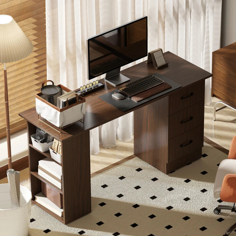 Computer Desk, 55" Writing Table with 3-Tier Shelves and 3 Reversible Drawers for Home Office, Bedroom, Walnut