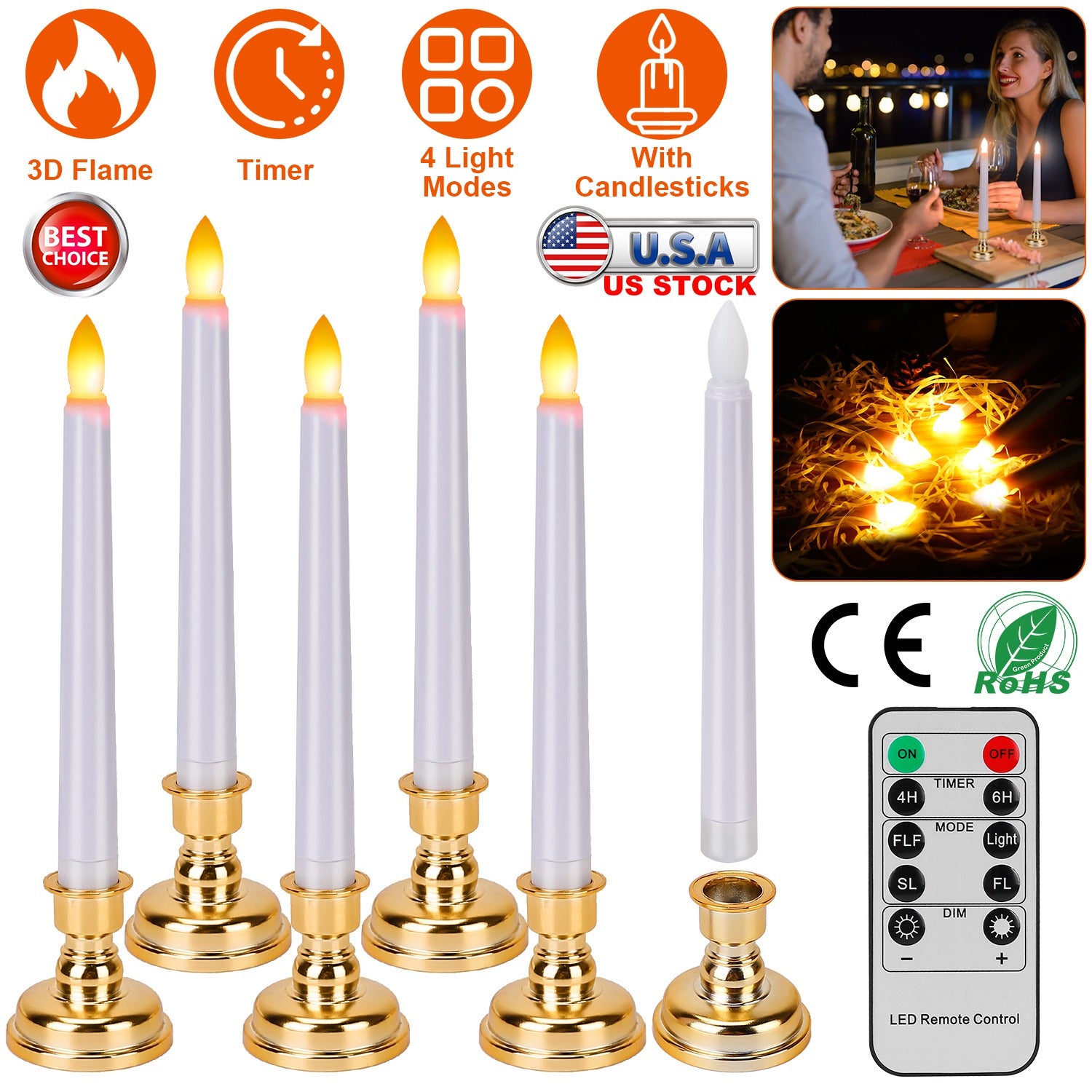 6 Packs Flameless Taper Candles 9.8in Electric LED Candles Warm White w/ 4 Light Modes Remote Control Timer Removable Candlesticks
