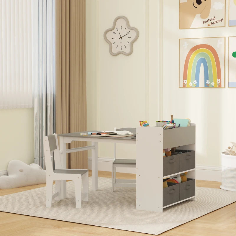 Qaba Kids Table and Chairs Set, Toddler Art Table and Chair Set with Paper Roll, Storage Shelves and Drawers, Grey