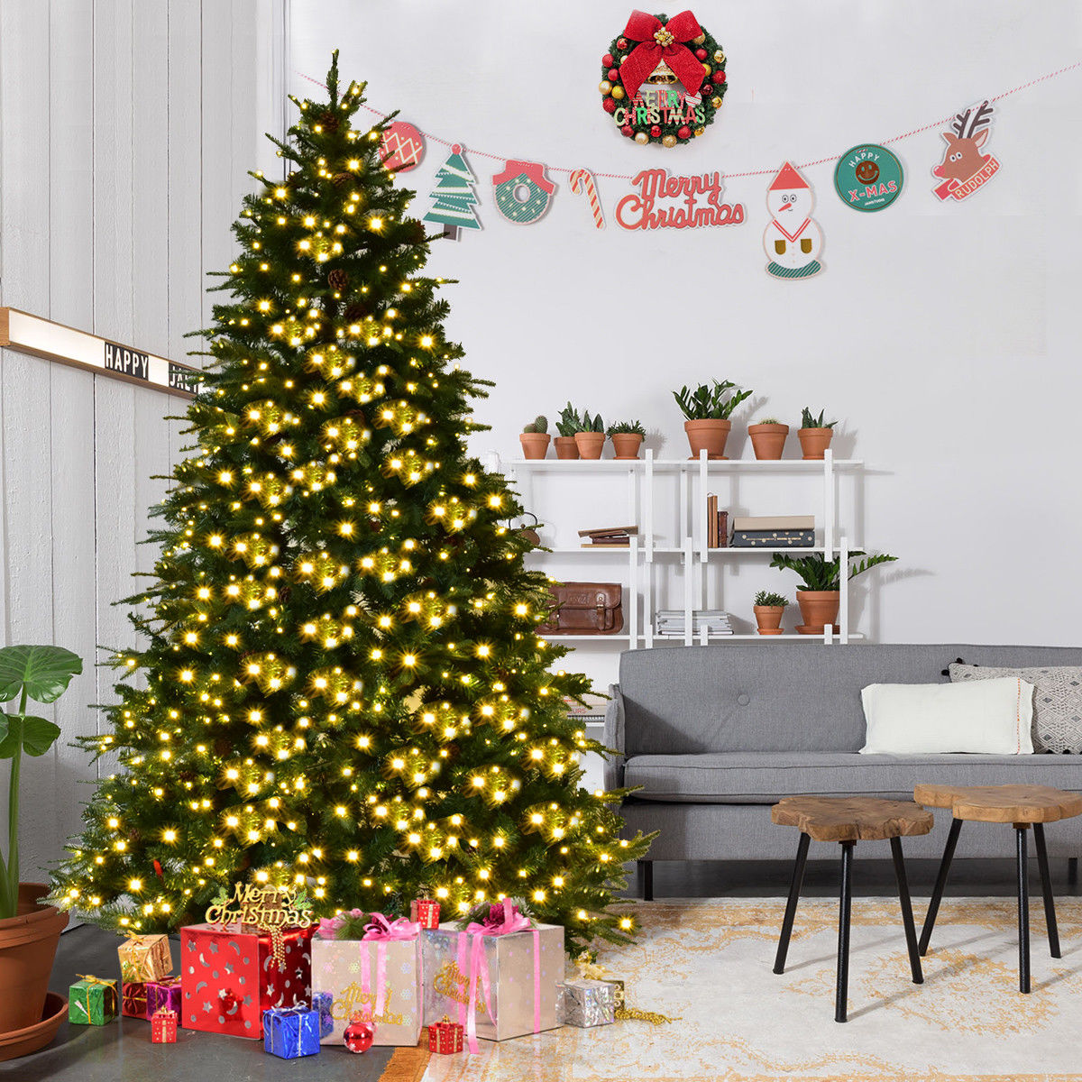 7.5 ft Artificial Christmas Tree with LED Lights and Pine ConesÂ