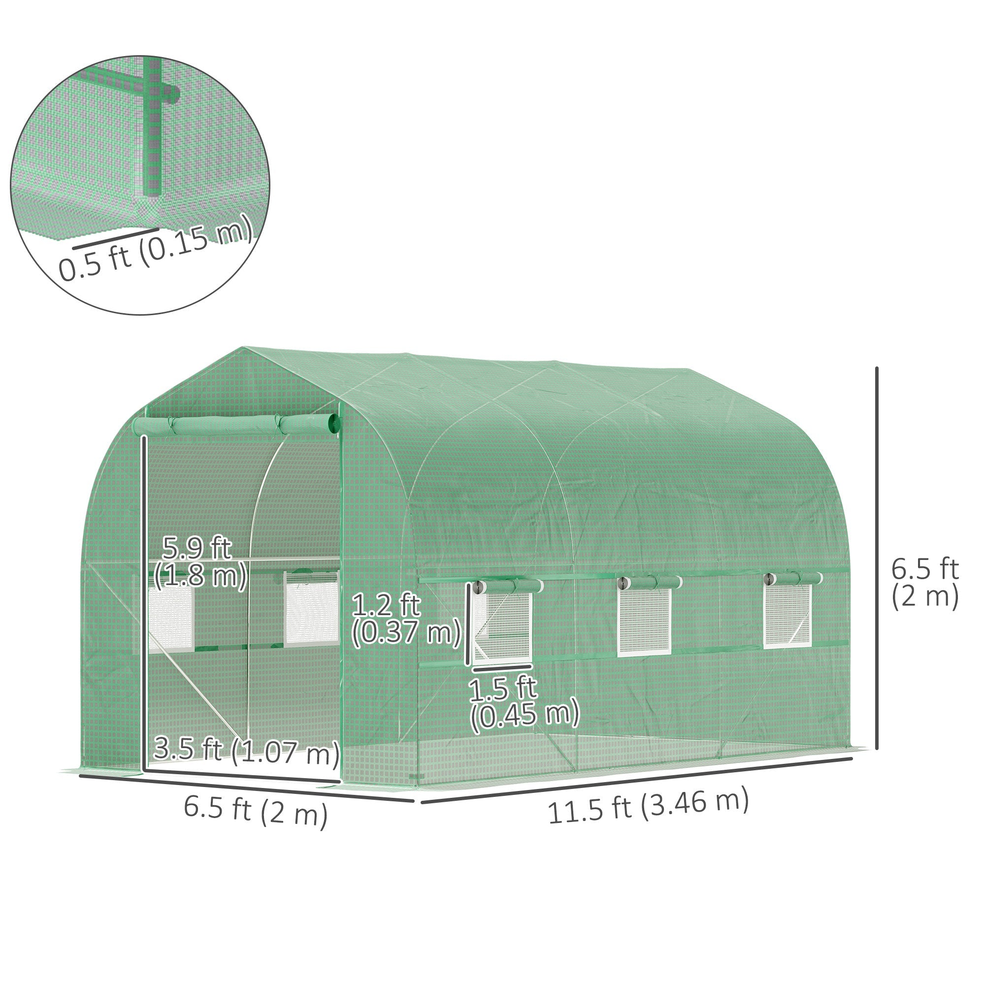 Outsunny 6.6' x 11' x 7' Walk-in Greenhouse Outdoor Plant Tunnel Warm Hot House w/ Roll Up Door and 6 Mesh Windows, Steel Frame, Green