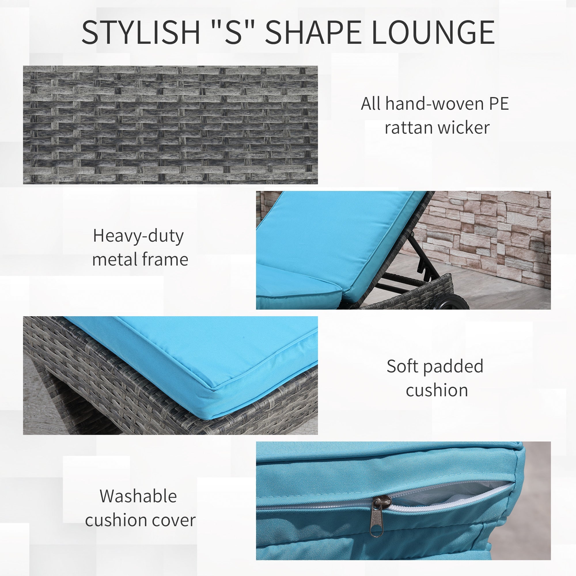 Outsunny Wicker Chaise Lounge Outdoor Adjustable 5-Level Backrest S-Shape Rattan Lounger with Cushion Wheels