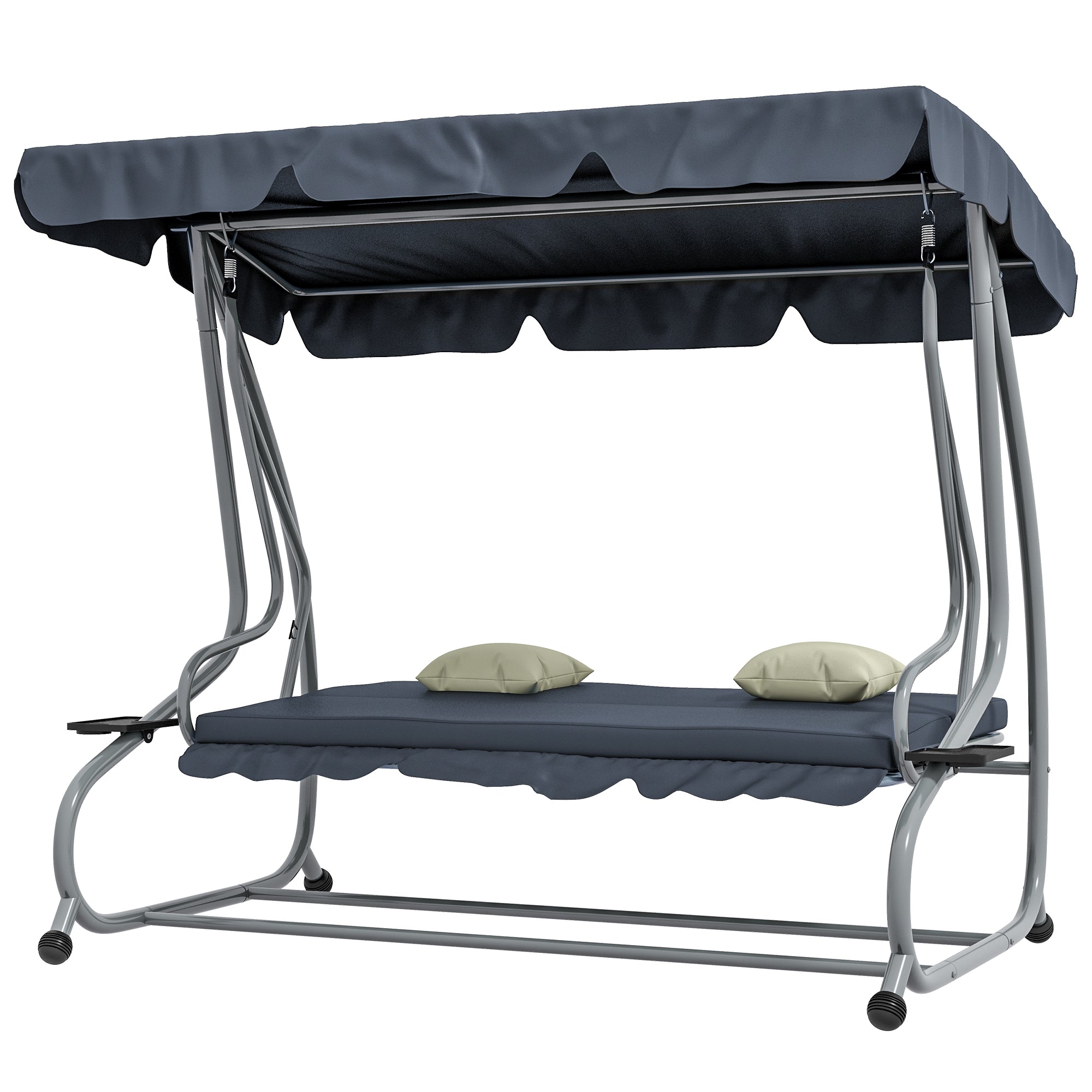 Outsunny Patio Swing Chair 3-Seat Outdoor with Convertible Flat Bed Adjustable Canopy Cushions Cup Holder Dark Grey