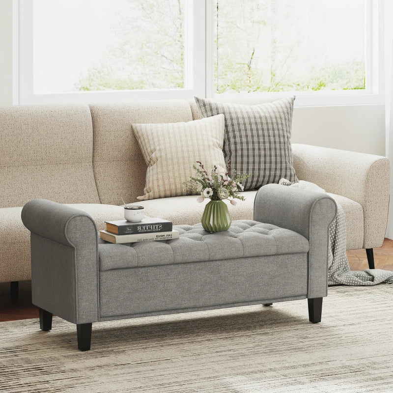 50 Inches Storage Ottoman, Upholstered Bedroom Bench with Rolled Arms and Button Tufted Storage, Light Grey