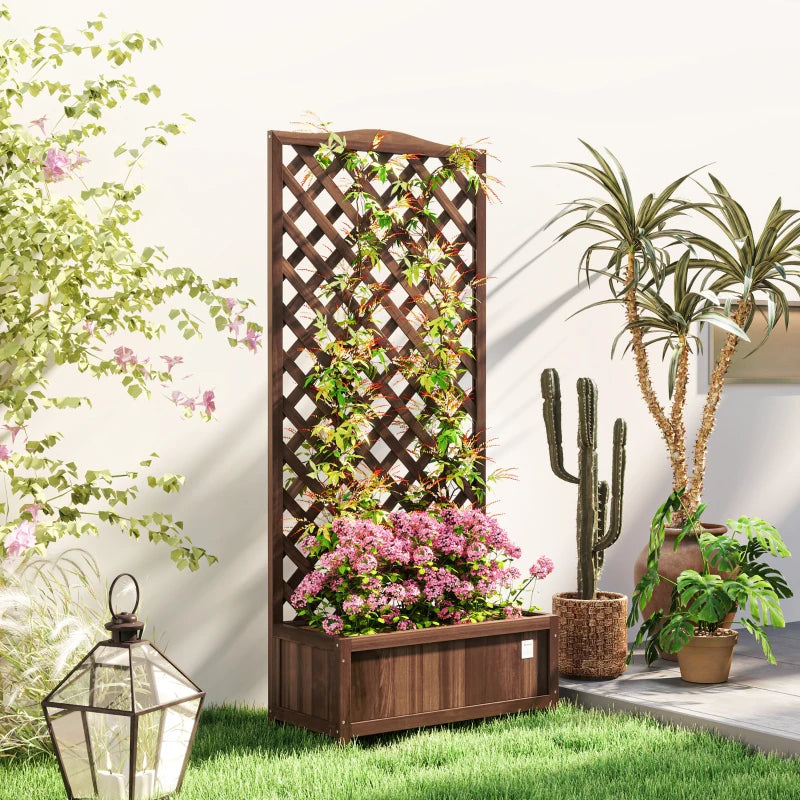 Wood Planter with Trellis, Raised Garden Bed to Grow Vegetables for Backyard, 30" x 14" x 67", Dark Brown