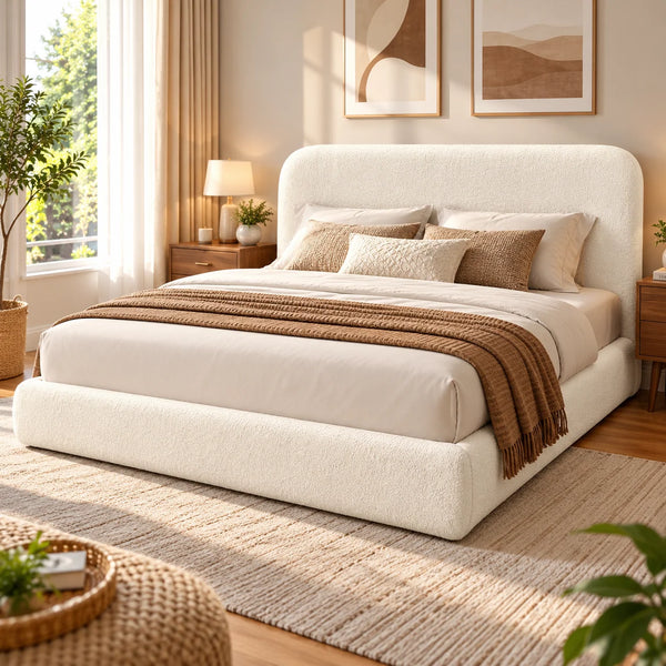Upholstered Bouclé Platform Bed Frame with Curved Padded Headboard – Beige