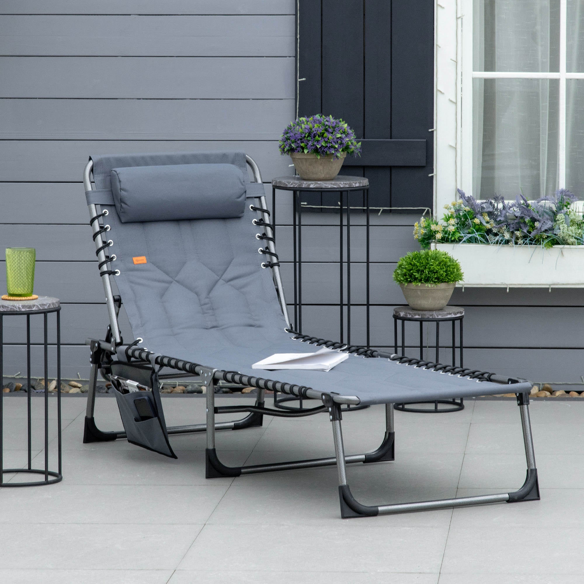 Outsunny Folding Chaise Lounge Chair Outdoor Padded Recliner 5-Position Adjustable Backrest Pillow Pocket Grey
