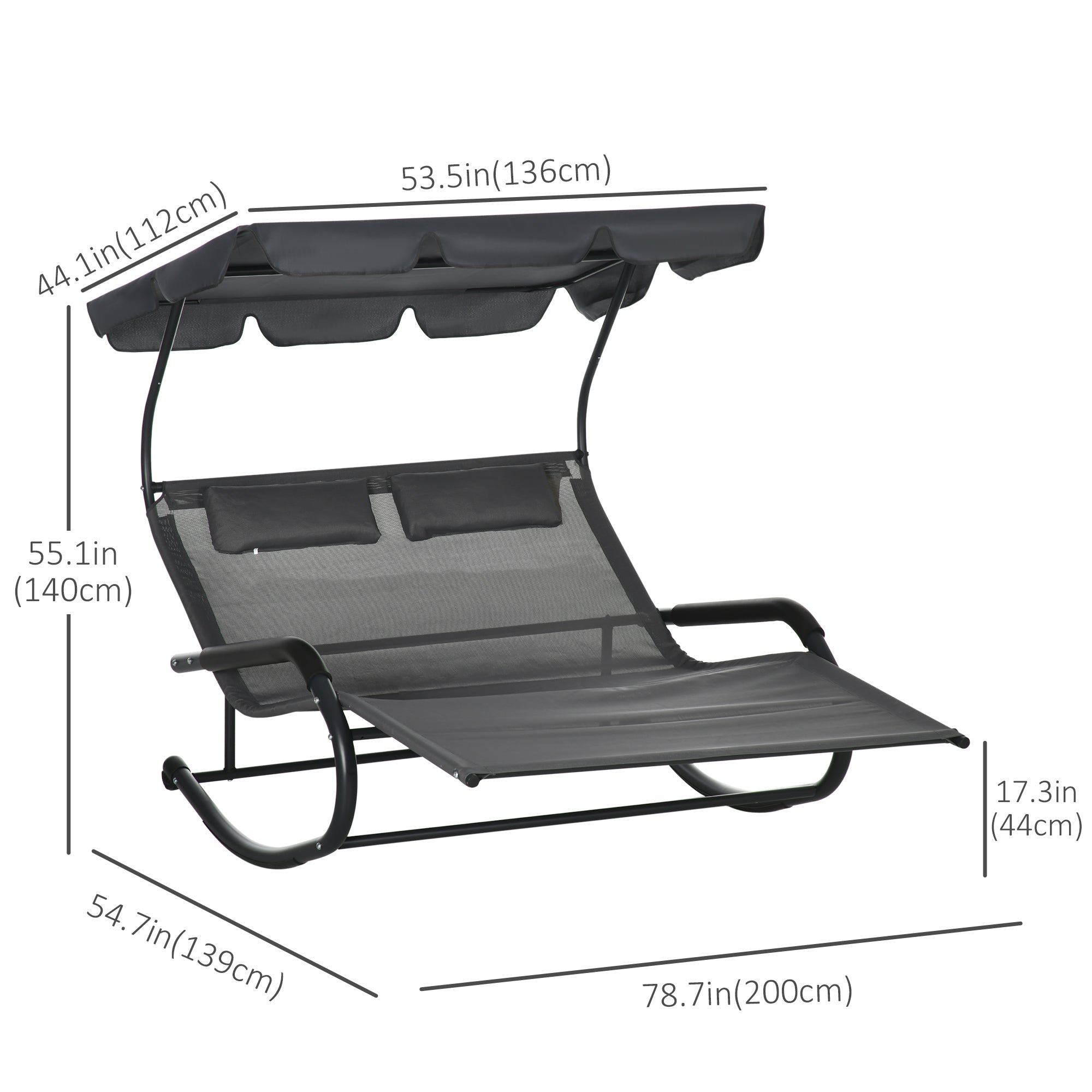 Outsunny Outdoor Double Chaise Lounge Sunbed w Adjustable Canopy Detachable Pillows Wheels Dark Gray