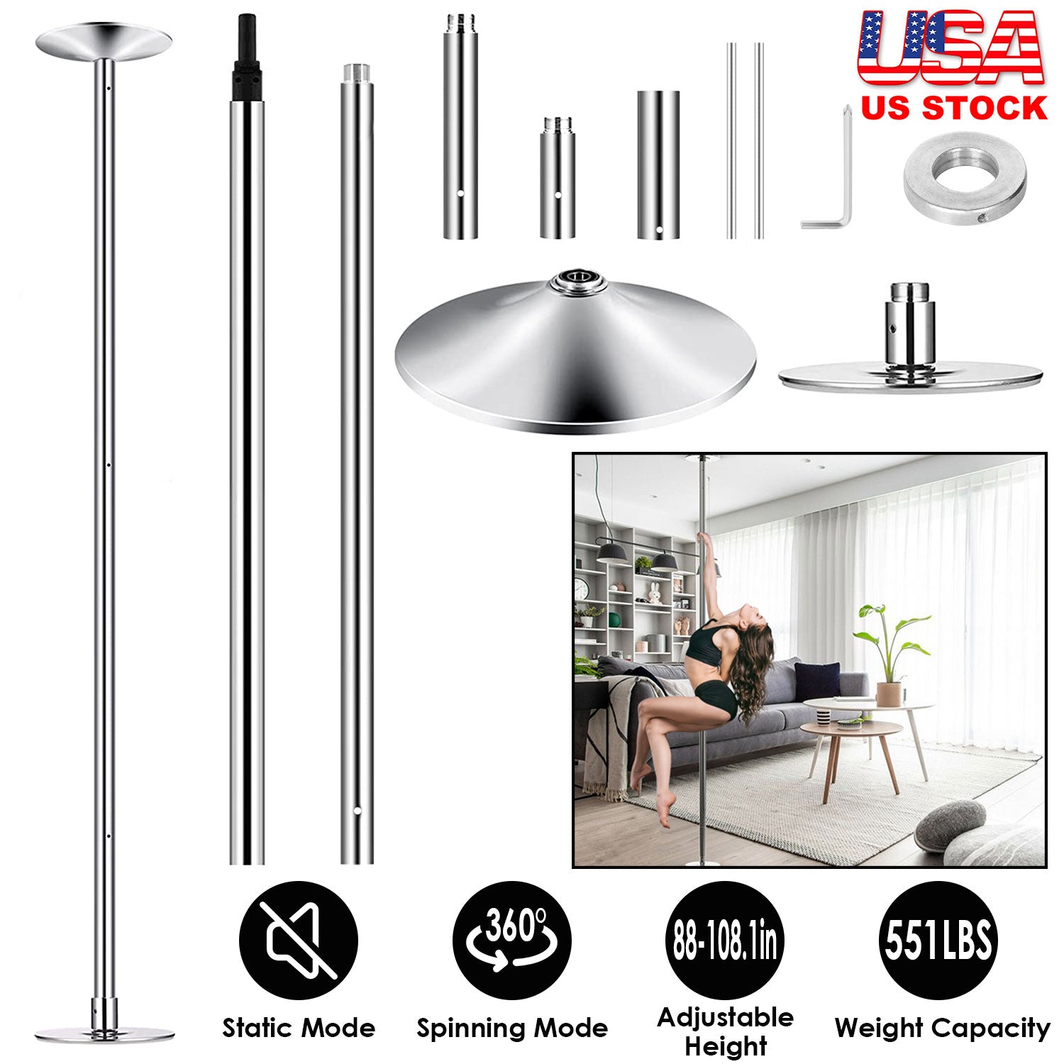 Stripper Dance Pole 45mm Spinning Static Dancing Pole with 88-108.1in Adjustable Height 551LBS Weight Capacity for Fitness Exercise Party Home Club Gy