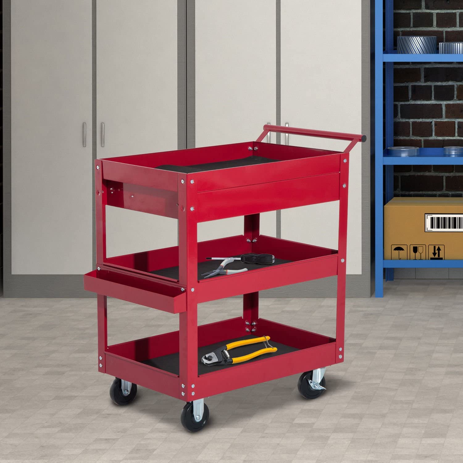 Homcom Tool Cart With 3 Tray 1 Drawer Storage Chest Garage Utility Red