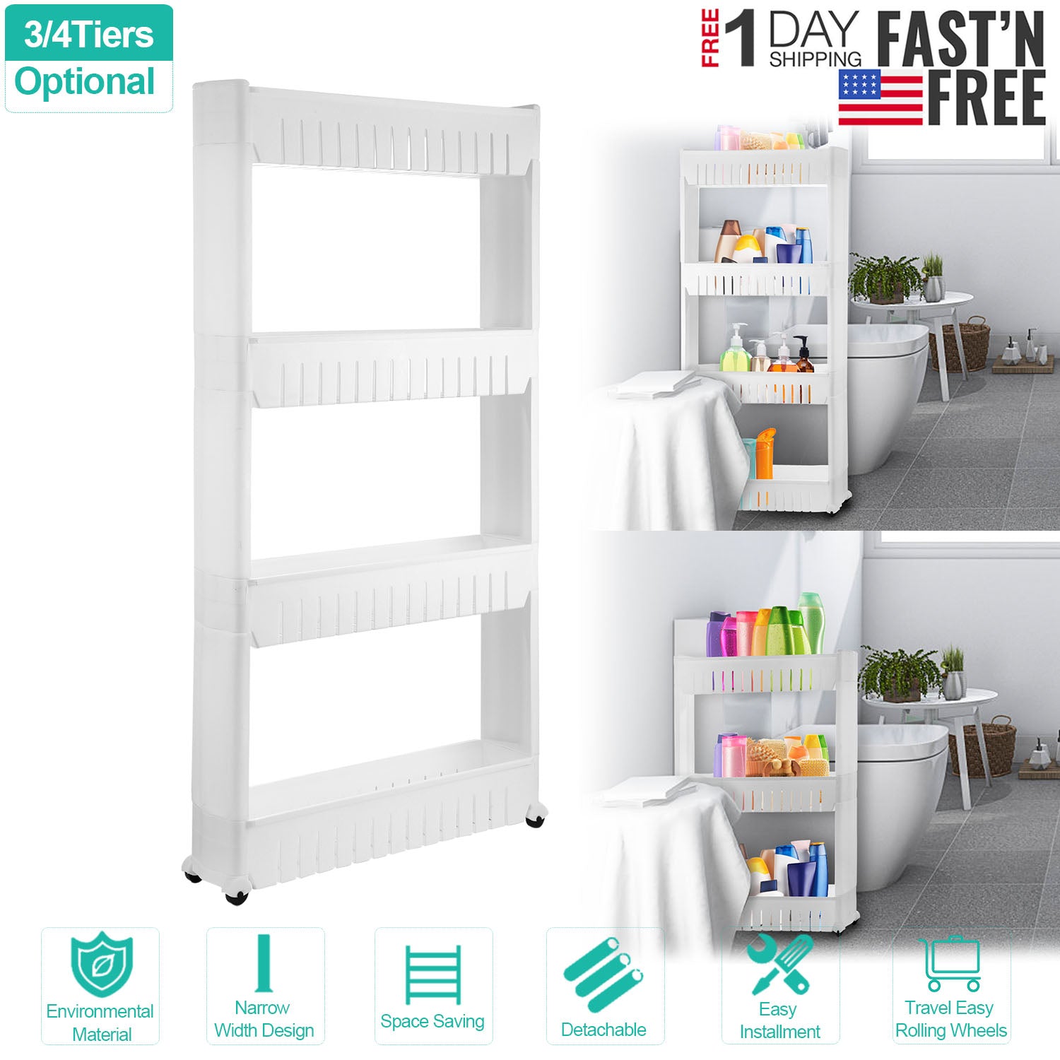 iMounTEK 4 Tiers Slim Storage Cart Mobile Rolling Shelf Unit Narrow Space Shelf for Kitchen Bathroom Pantry Laundry Garage Office