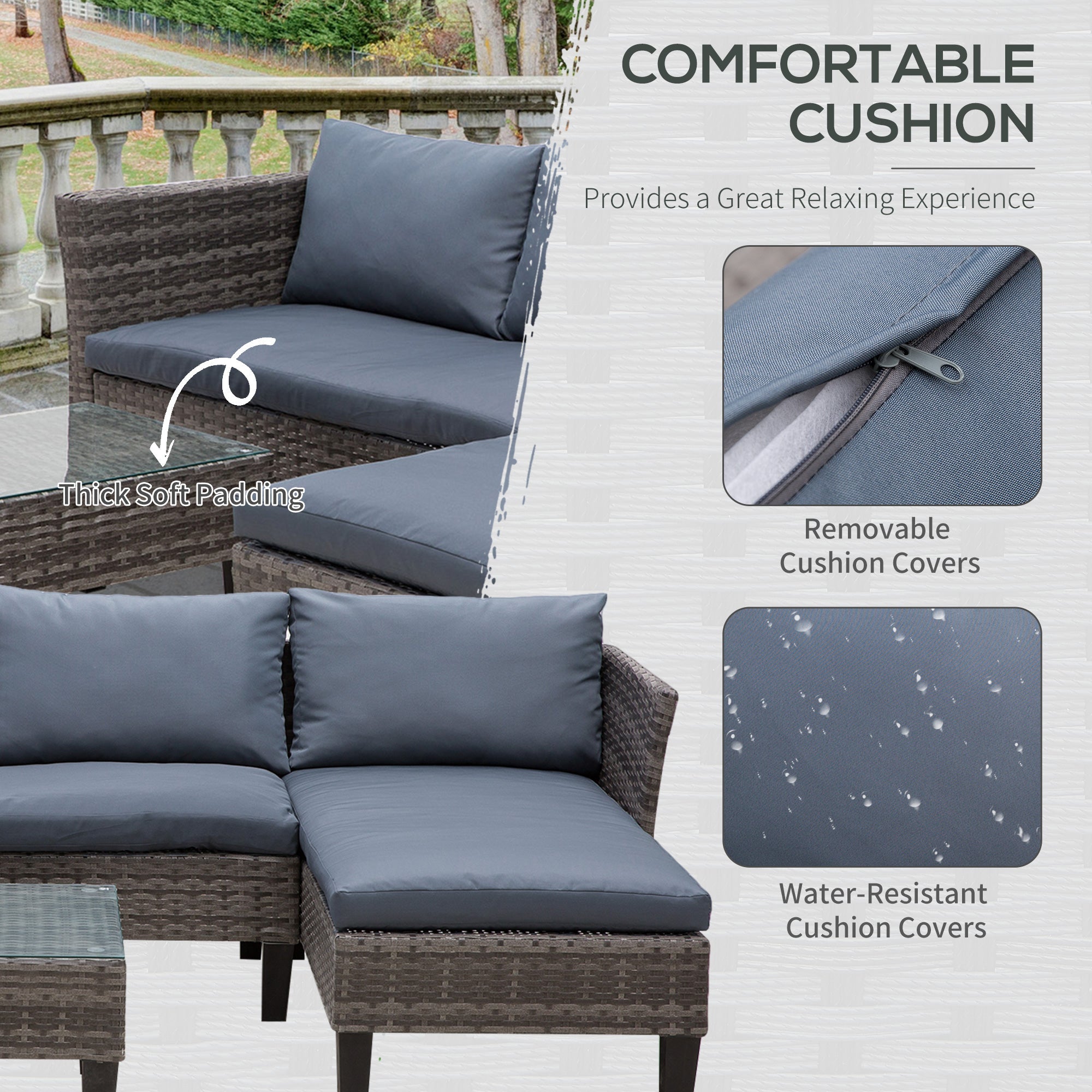 Outsunny 3 Piece Wicker Patio Set - Outdoor Sofa with Glass Tabletop, Cushions, Metal Frame in Grey for Balcony, Patio