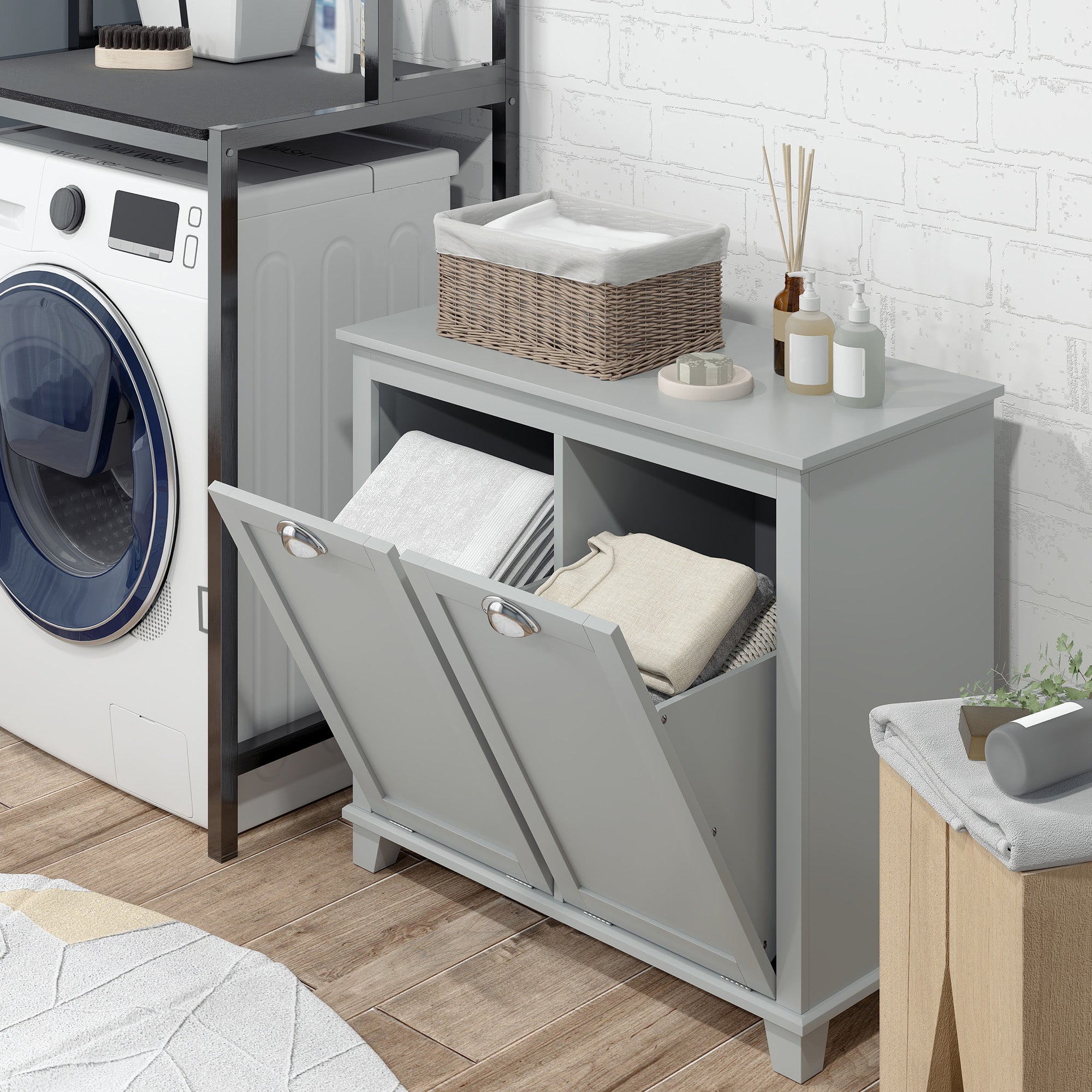 HOMCOM Bathroom Laundry Storage Cabinet: Tilt-out Hamper Organizer, Two-Compartment, Grey